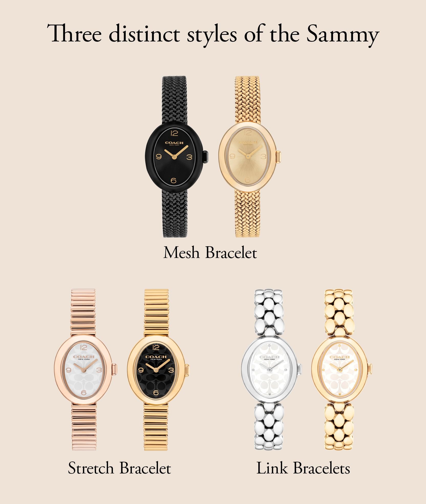 Coach Women's Sammy 2H Quartz Watch, 22.5 mm Petite Oval Case, Stainless Steel, Stretch Bracelet, Premium Fashion, Everyday Wear - Gift for Her