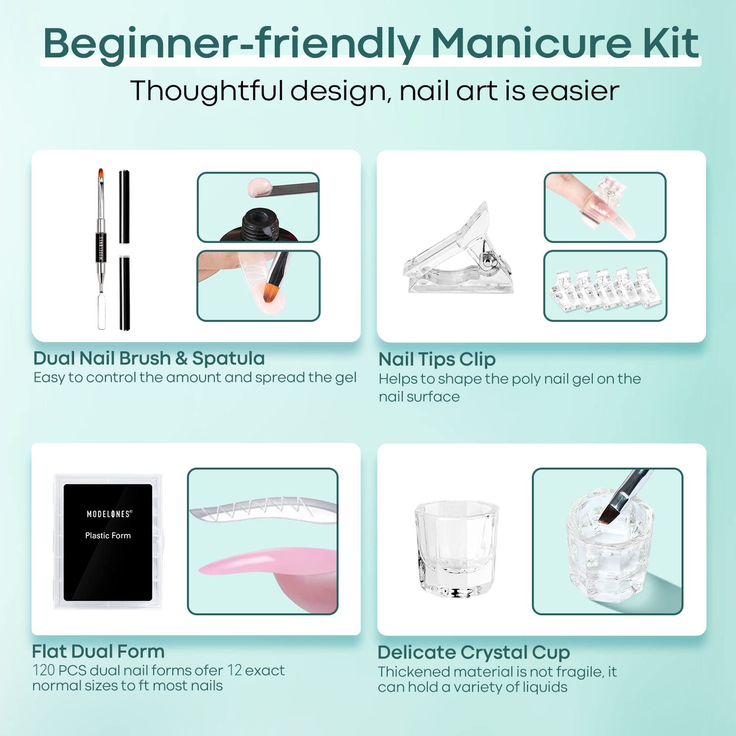 Modelones Slip Solution for Poly Gel, Anti-Stick Gel Nail Extension Complete Kit with Nail Forms Tips Clips Art Tool DIY at Home