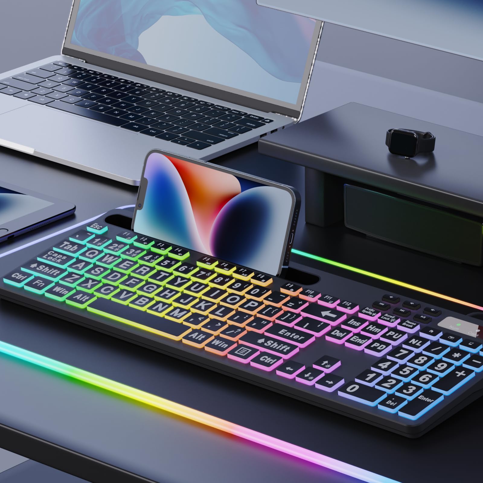 MARVO Large Print Backlit Keyboard, WK712 Wired Computer Keyboard with 7 Colors & 11 Modes Backlight, Silent Light Up Keyboard with Tablet Phone Holder, Full-Size Gaming Keyboard for Windows, Mac