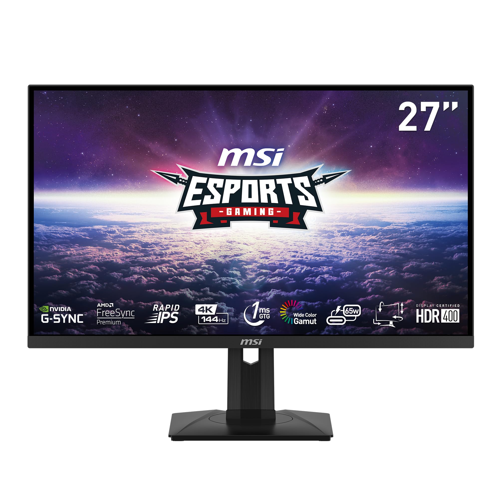 MSI MAG274UPF, 27" 3840 x 2160 (UHD), 4K Rapid IPSGaming Monitor, 1 ms, 144Hz, FreeSync Premium, HDR400, G-Sync Compatible, HDMI, DisplayPort, Tilt, Swivel, Pivot and Height Adjustable.,Black