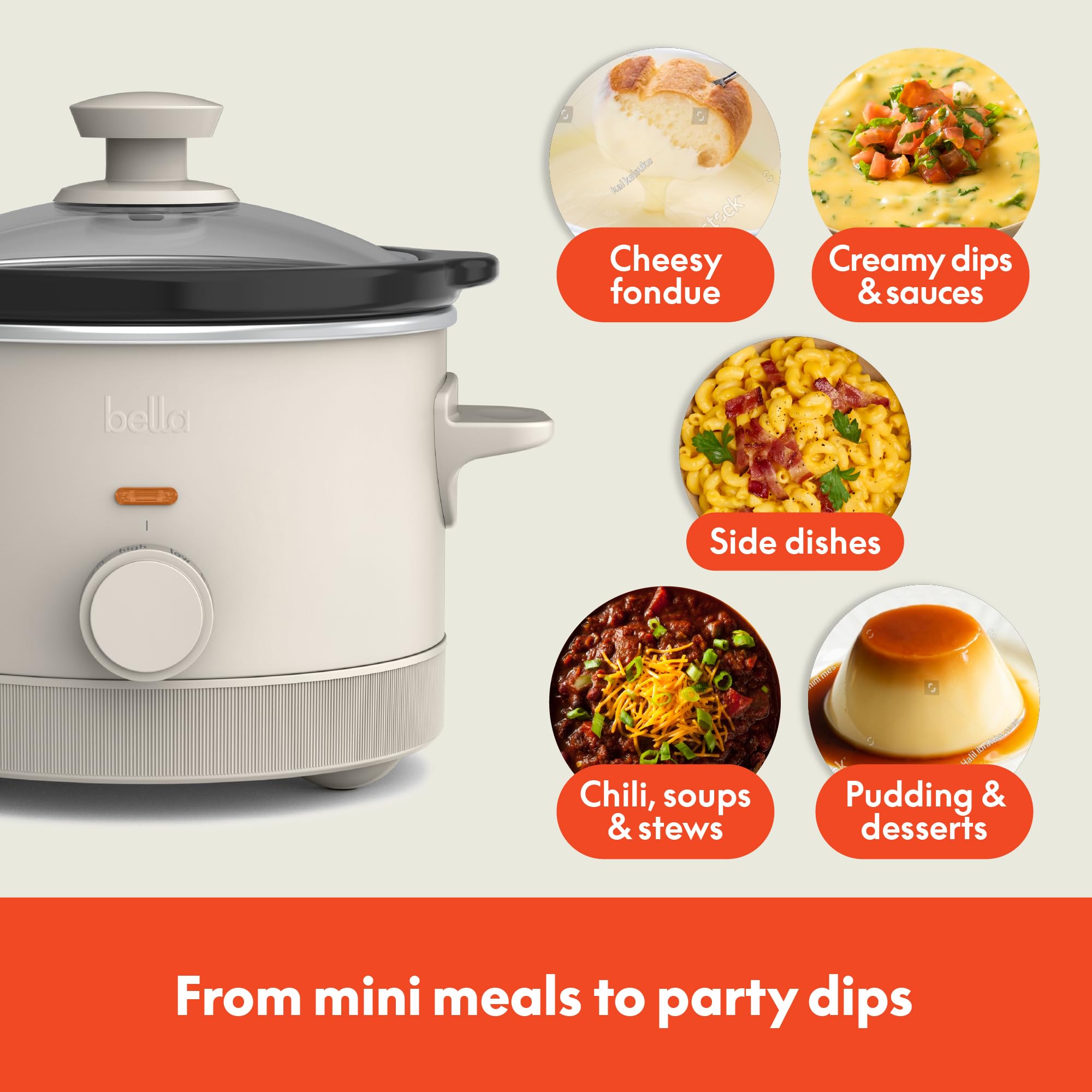 bella 1.5 Qt Slow Cooker with 3 Heat Manual Control, Ceramic Nonstick Coating, Dishwasher Safe Stoneware Pot and Tempered Glass Lid, Tangle Free Cord Wrap & Cool Touch Handles, Oatmilk