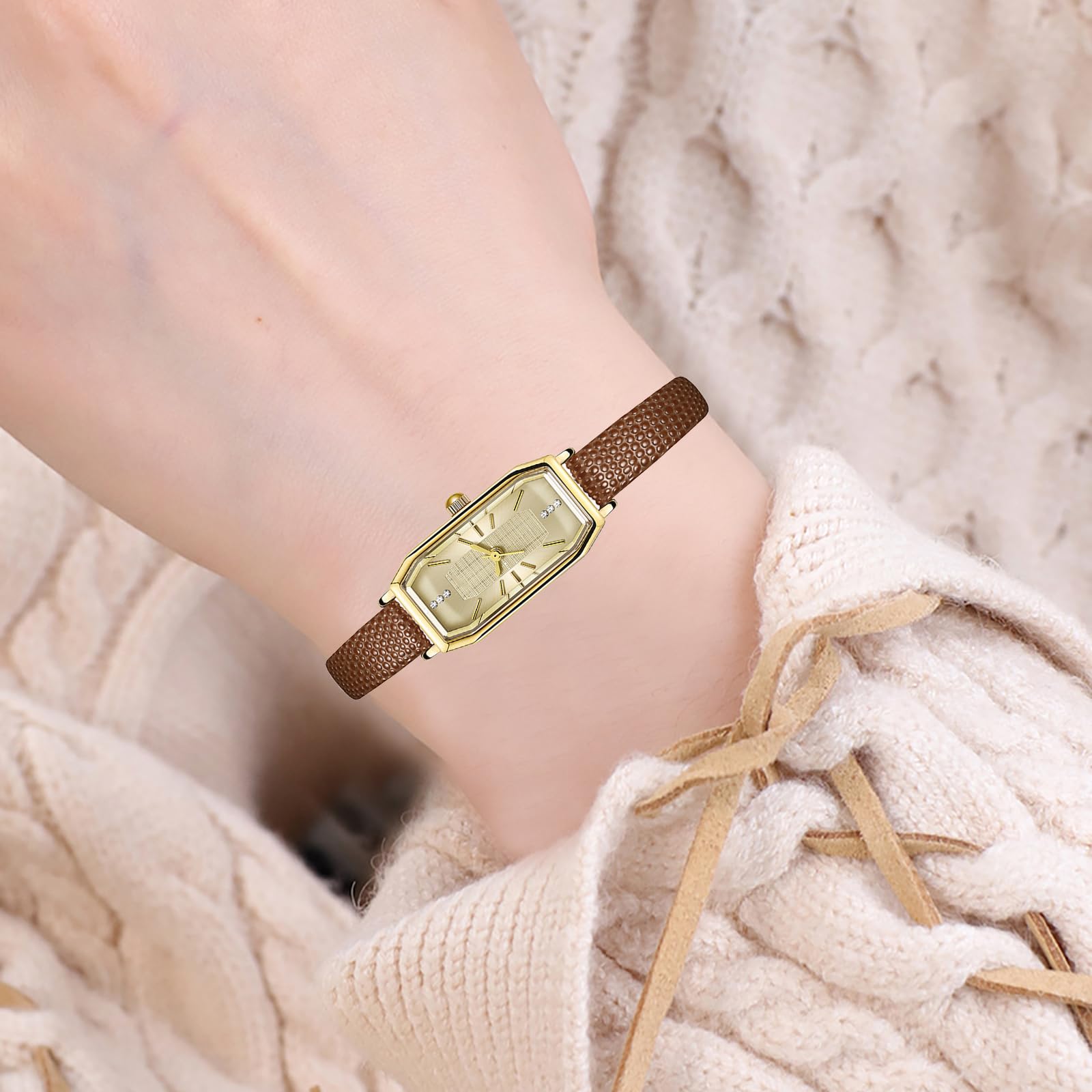 BESTKANG Vintage Dainty Watches for Women Rhinestone Rectangular Waterproof Ladies' Watch Leather Band Analog Quartz Women's Watch (Brown Gold)