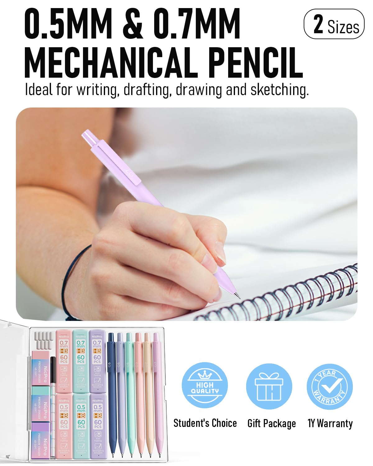 Nicpro 6PCS Pastel Mechanical Pencil Set with Case, Cute Drafting Pencils 0.5mm & 0.7mm with 6 Tubes HB Lead Refills, Erasers, Eraser Refills, Aesthetic School Supplies for Girls Drawing Sketching