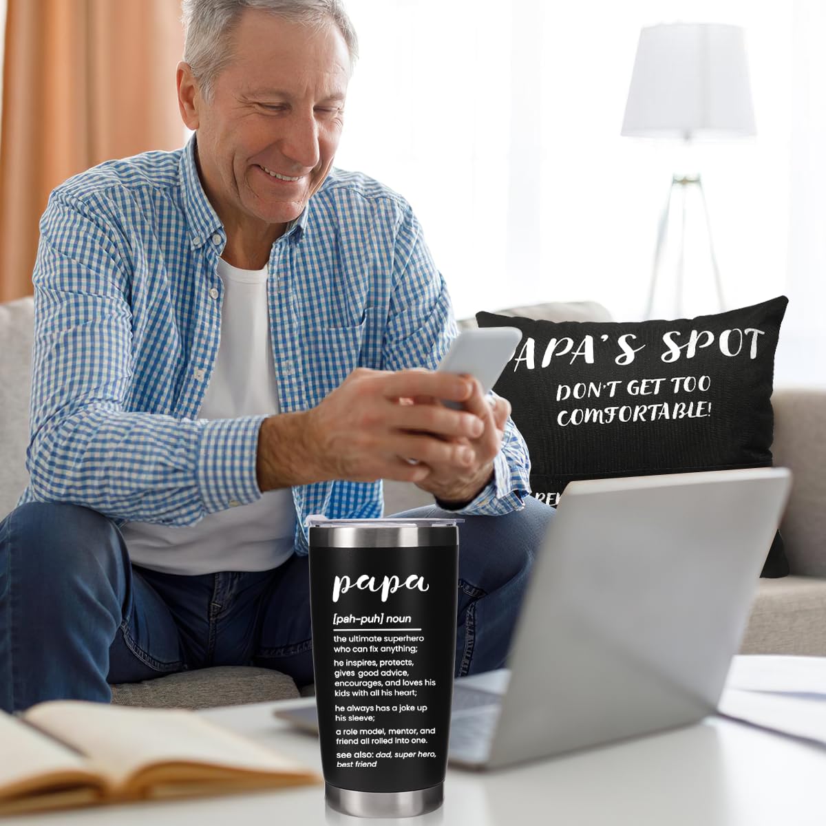 Papa Gifts for Christmas Grandpa Birthday Gifts from Grandson Granddaughter Grandkids Thank You Gifts for Grandfather Granddad Grandpa New PAPA Definition Tumbler + Pillow Cover (Papa's Spot)