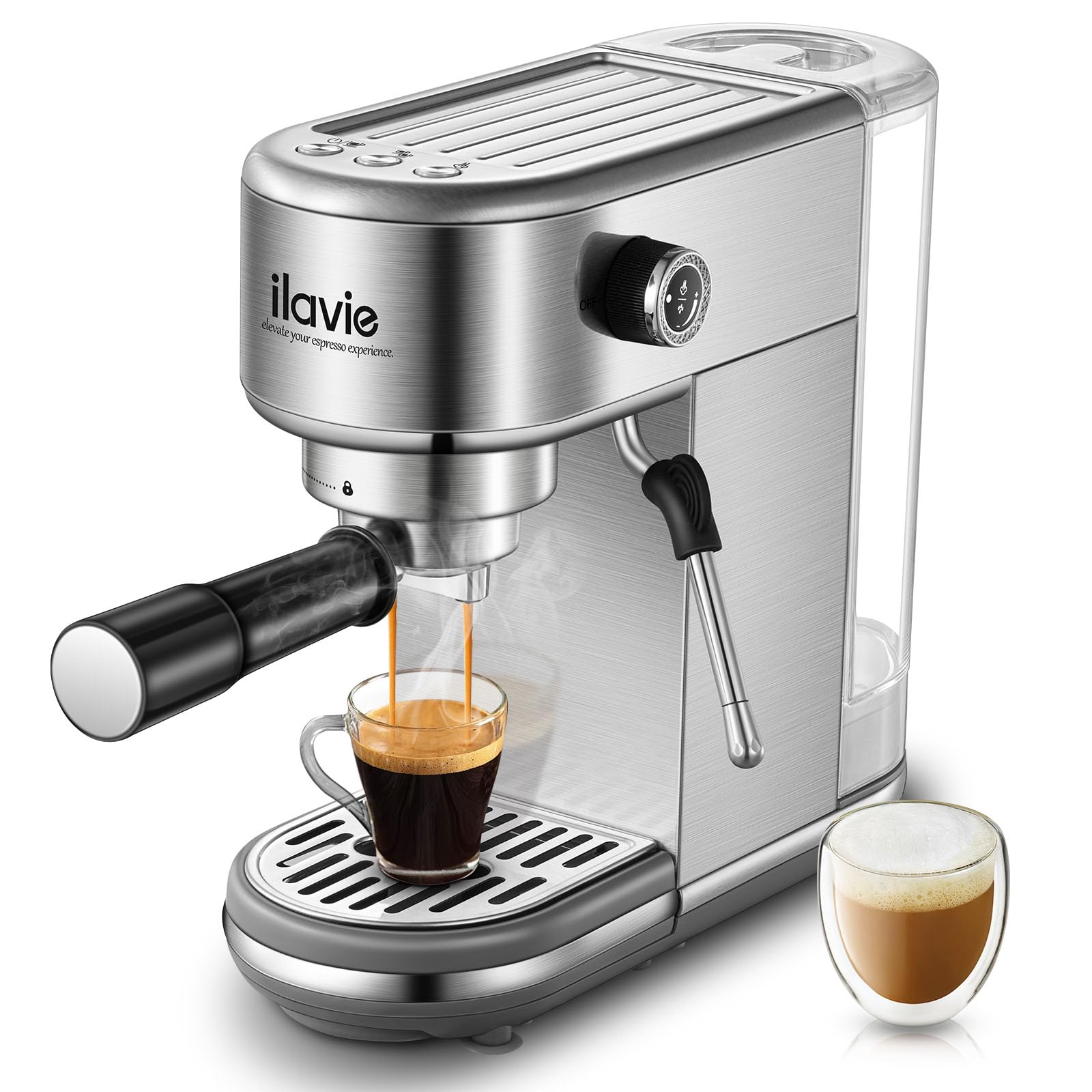 ILAVIE Espresso Coffee Machine for Home 20 Bar, Professional Compact Cappuccino Machine Maker for Latte, with 40oz Detachable Water Tank, 1350W Strong Power, Stainless Steel