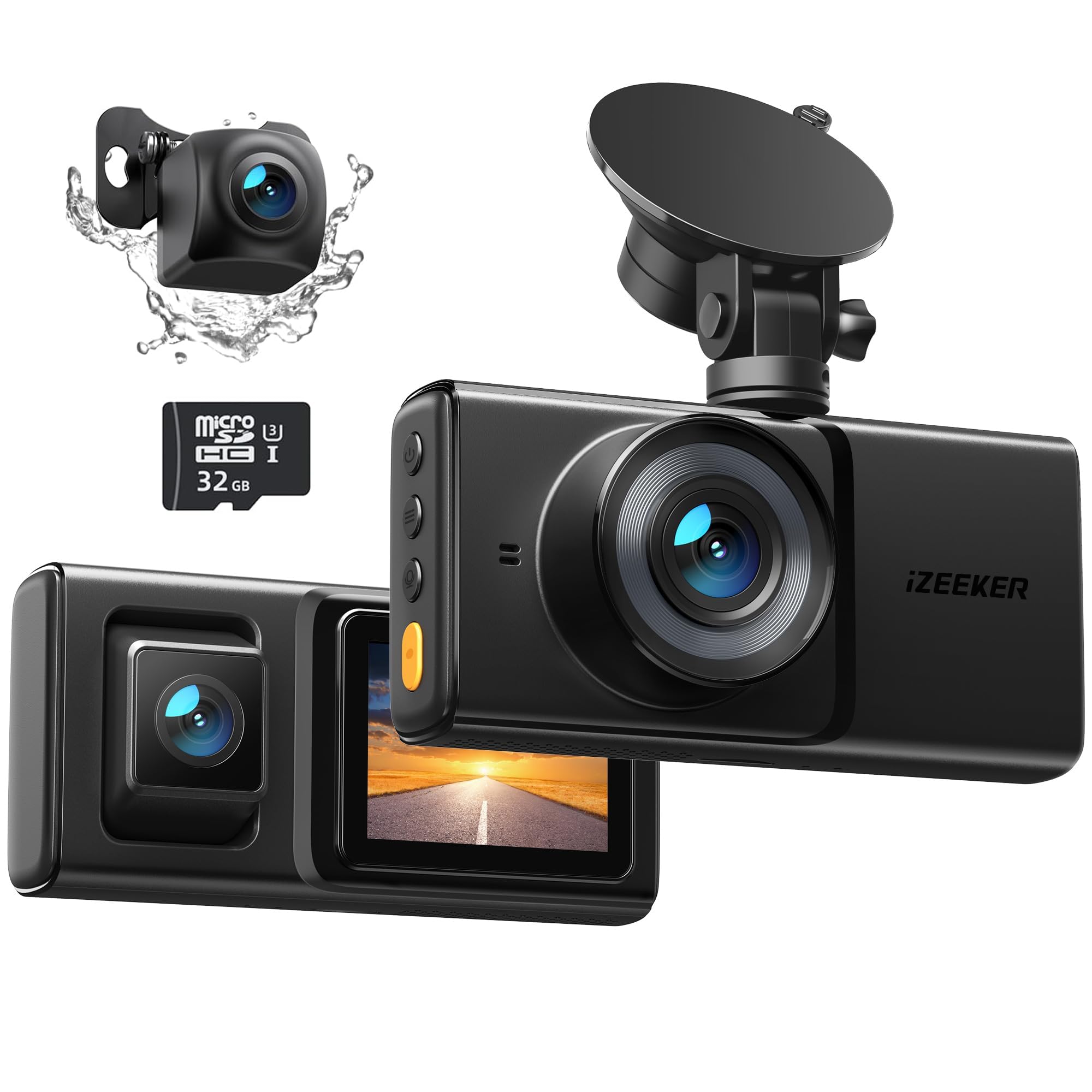 iZEEKER 3 Channel Dash Cam Front and Rear Inside, 2K Single, 1080P Triple Dash Camera for Cars with MicroSD Card, Infrared Night Vision for Taxi Driver, Accident Record, Loop Recording, Parking Mode