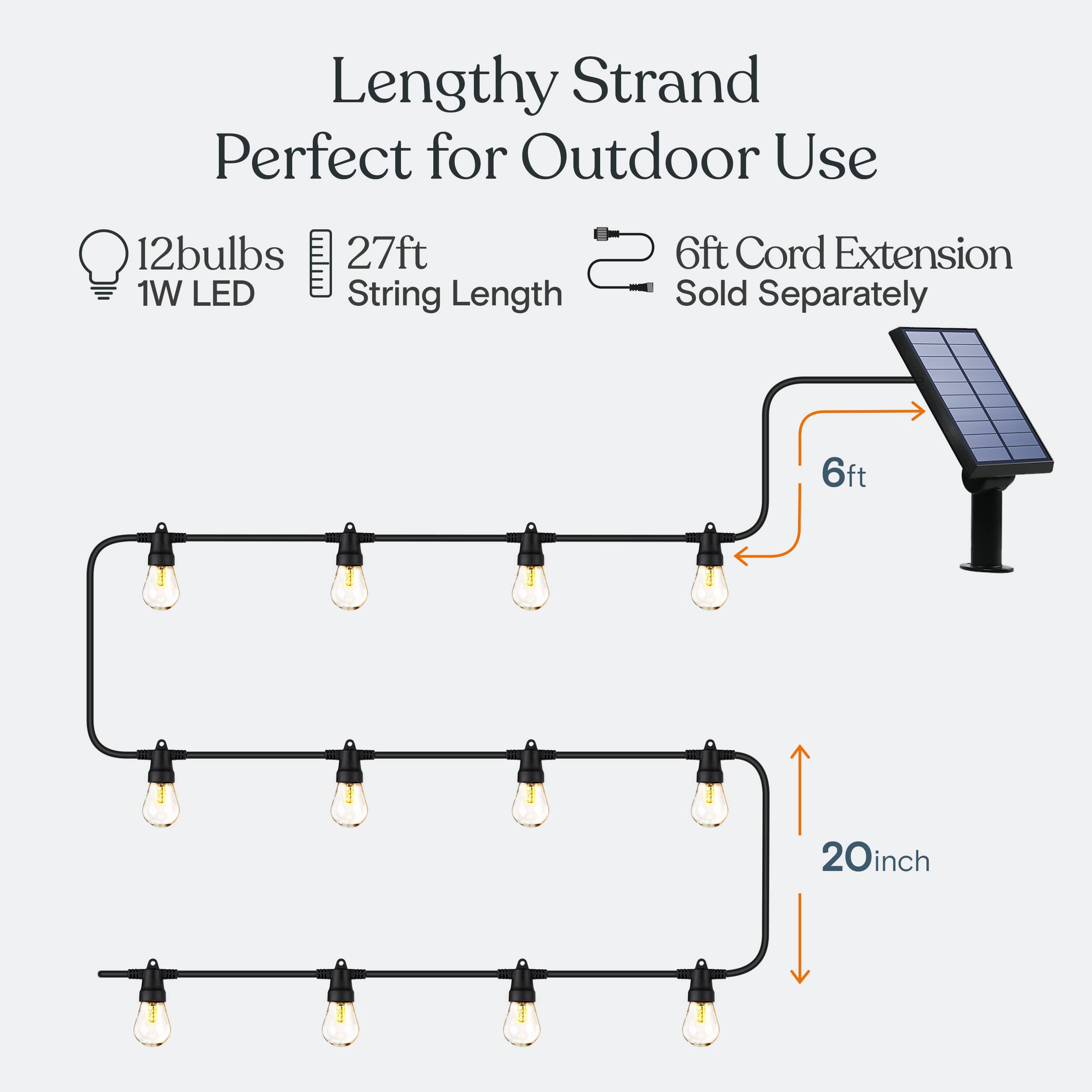 Brightech Ambience Pro Solar Powered Outdoor String Lights, 27 ft Commercial Grade Waterproof Patio Lights, 12 Edison Bulbs, Shatterproof LED String Lights for Outside, Porch - 1W Soft White