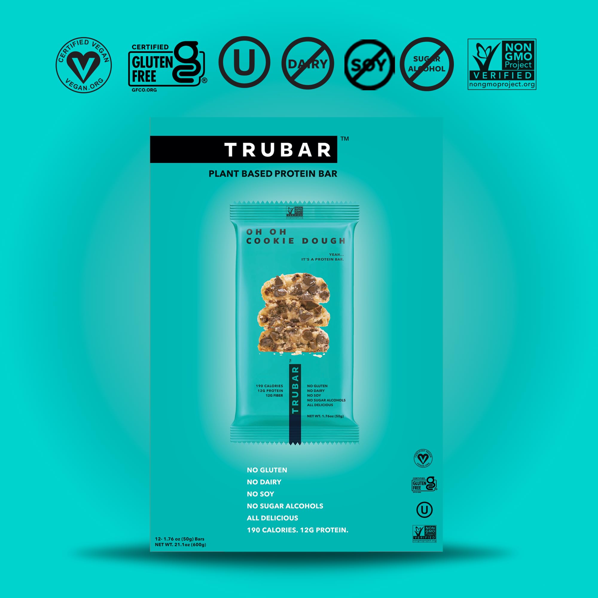 TRUBAR Vegan Protein Bar, Oh Oh Cookie Dough, Gluten Free, Plant Based Protein, Dairy Free, Non GMO, Soy Free, No Sugar Alcohols, 12G Protein, 12G Fiber, 23G Carb, Healthy on The Go Snack Bars, 12 CT