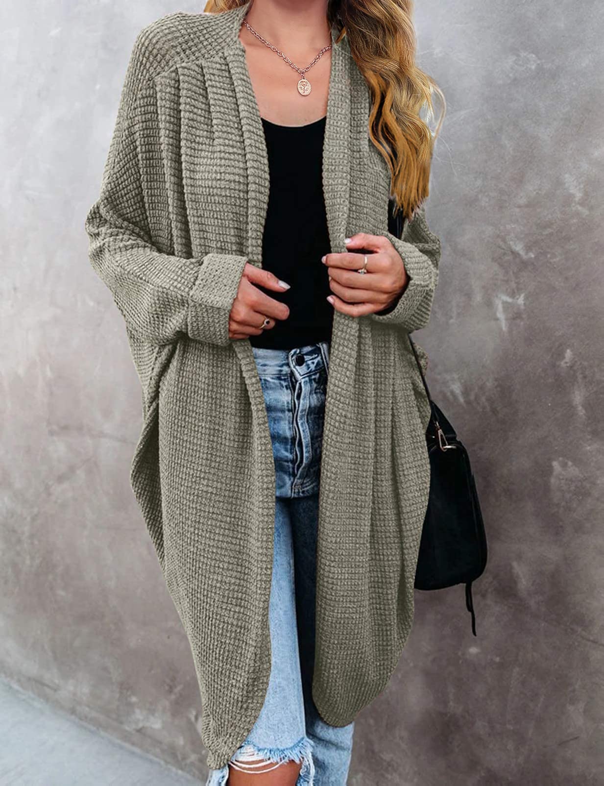 MEROKEETY Women's 2024 Fall Waffle Knit Batwing Long Sleeve Cardigan Loose Open Front Sweater Coat, Olive, Large