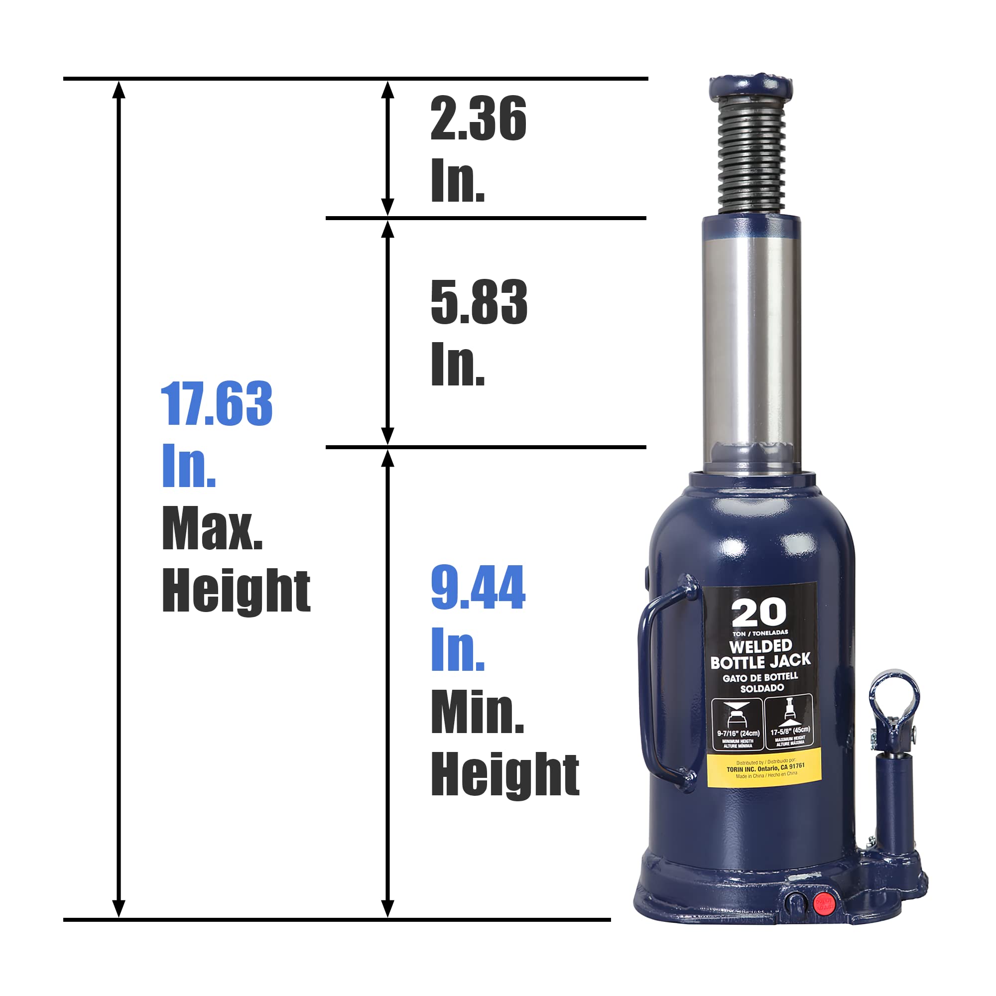 Tce 20 Ton (40,000 LBs) Hydraulic Welded Bottle Jack,heavy duty bottle Jack with pump handle for cas,blue,AT92003BU