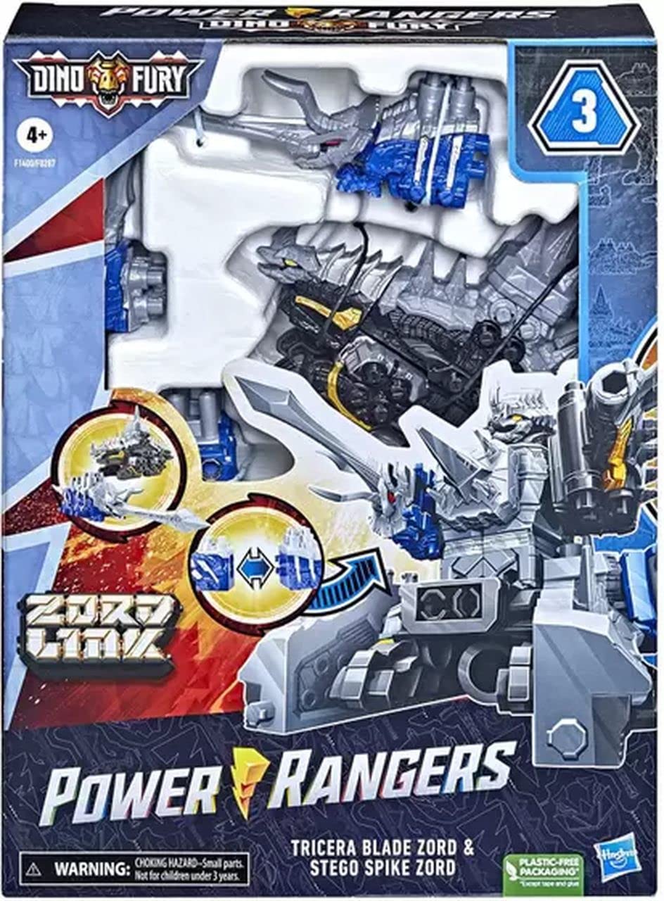 Power Rangers Dino Fury Blue Tricera Blade and Black Stego Spike Zord Toys for Kids Ages 4 and Up Zord Link Mix-and-Match Custom Build System