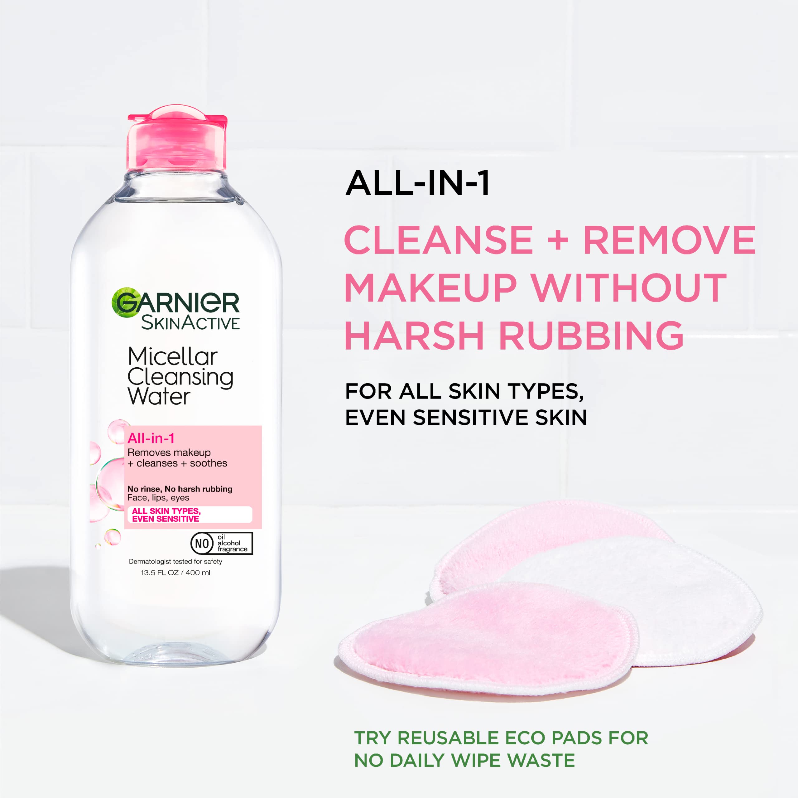 Garnier Micellar Cleansing Water, All-in-1 Makeup Remover and Facial Cleanser, For All Skin Types, 3.4 Fl Oz (100mL), 1 Count (Packaging May Vary)