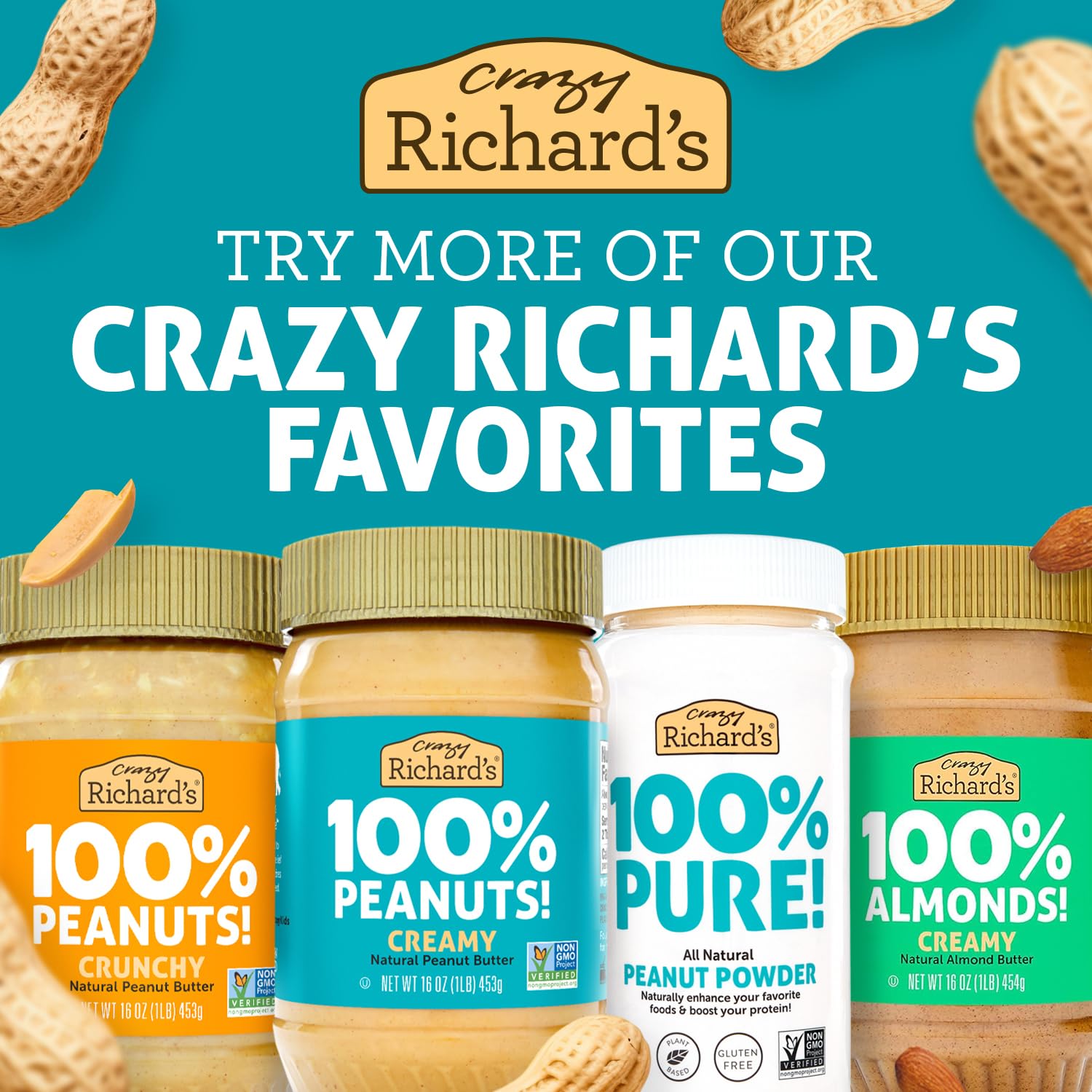 Crazy Richard's 100% All-Natural Vegan Creamy & Crunchy Peanuty Butter with No Added Sugar and Non-GMO Variety Pack (16 Ounce, Pack of 2)