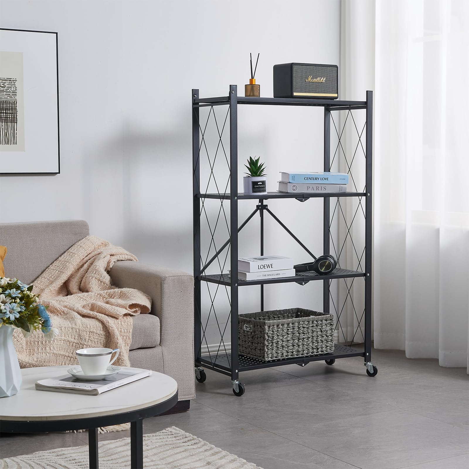 BRIAN & DANY Metal Storage Shelves - 4 Tier Shelving Unit, Folding Display Shelf Racks No Assembly for Vendors and Craft Shows, Black (2Pcs)