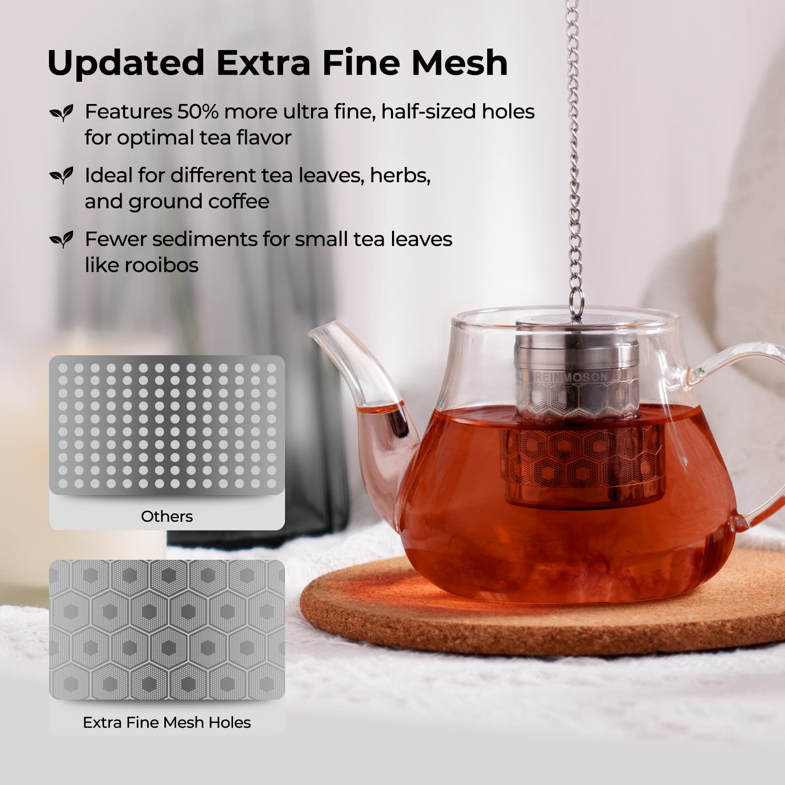 2 Pack Reinmoson Tea Strainers for Loose Tea, Extra Fine Mesh Tea Infuser, 304 Stainless Steel & Updated Slim Threaded Lid, Loose Leaf Tea Steeper for Black Tea, Rooibos, etc