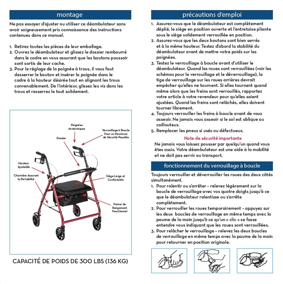 Drive Medical Aluminum Rollator Walker Fold Up and Removable Back Support, Padded Seat, 6" Wheels, Red