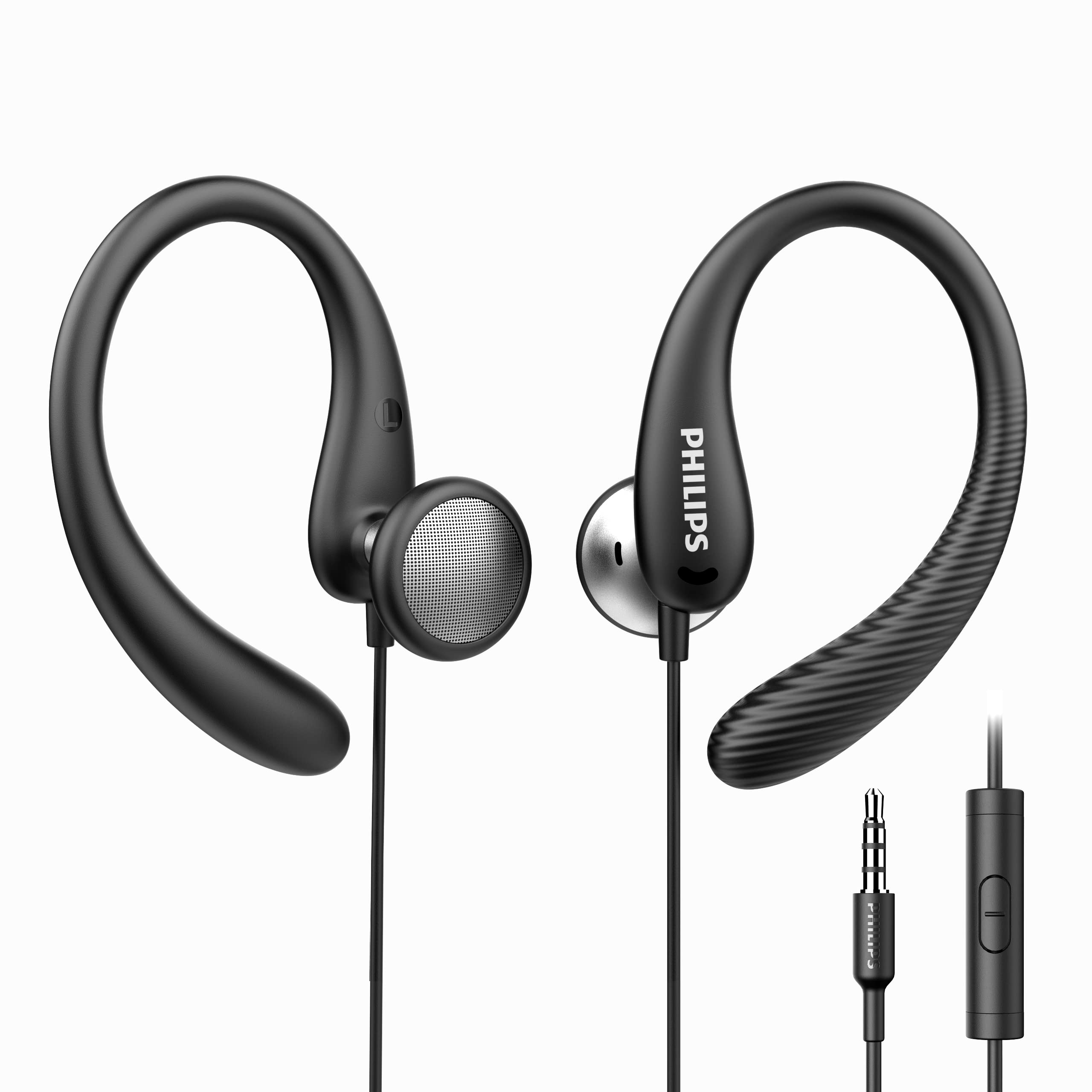 PHILIPS Over The Ear Earbuds, Flexible Wrap Around Earbuds, Around Ear Headphones with Mic Behind The Ear Headphones, Perfect for Sports, Running, Exercise, Gym (Black)