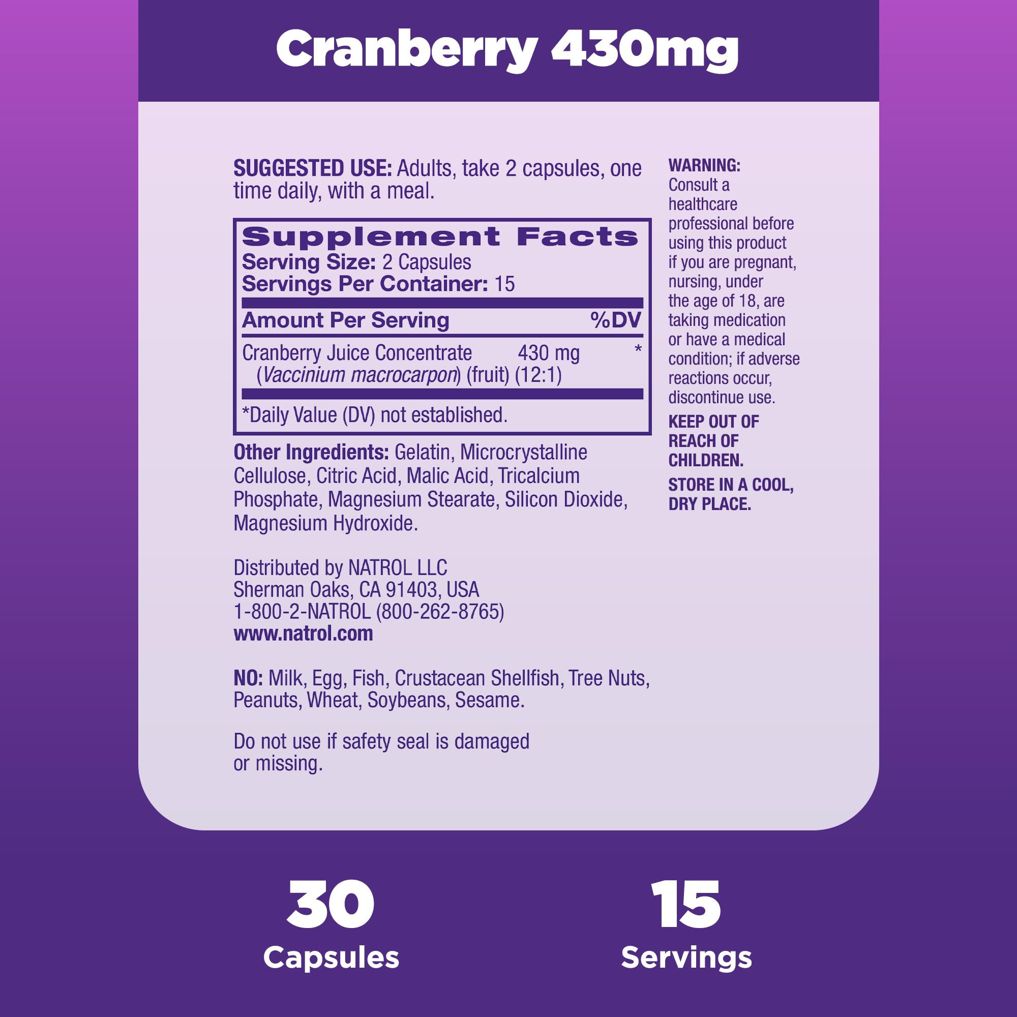 Natrol Cranberry Capsules, 800mg, 30 Count