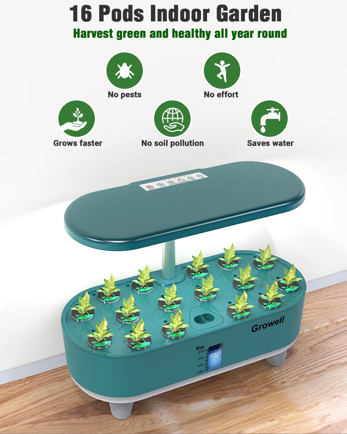 Growell Hydroponics Growing System Kit, 16 Pods Indoor Garden with 28W Full Spectrum LED Grow Light, Auto Timer, 3 Smart Light Modes, 8L Large Herb Garden, Ideal Gardening Gift for Women, Men (Green)