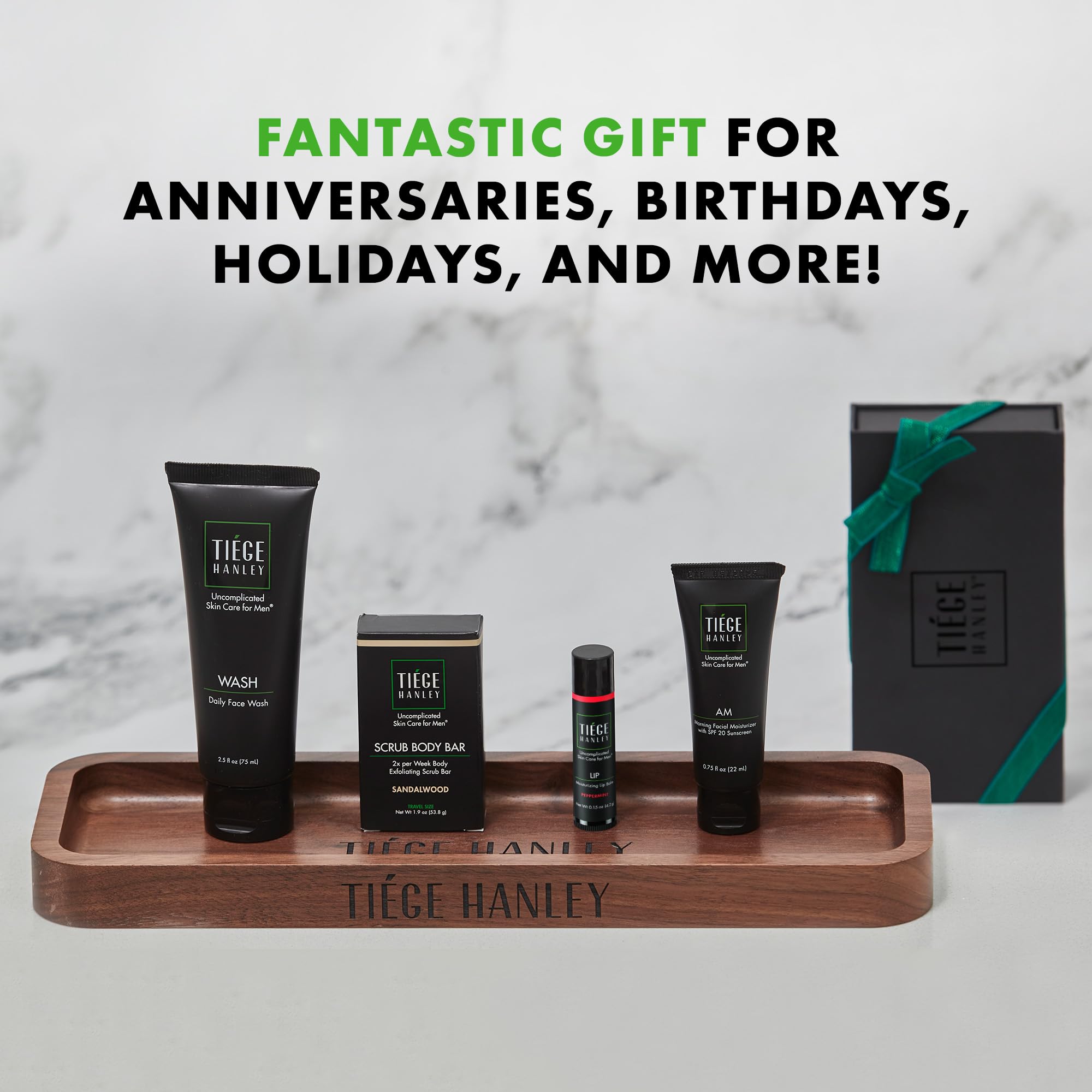 Tiege Hanley Mens Skin Care Gift Box Set, Bronze - Men's Skincare Set Includes Face Wash, Facial Moisturizer with SPF 20 Sunscreen, Body Exfoliating Scrub Bar, & Moisturizing Lip Balm