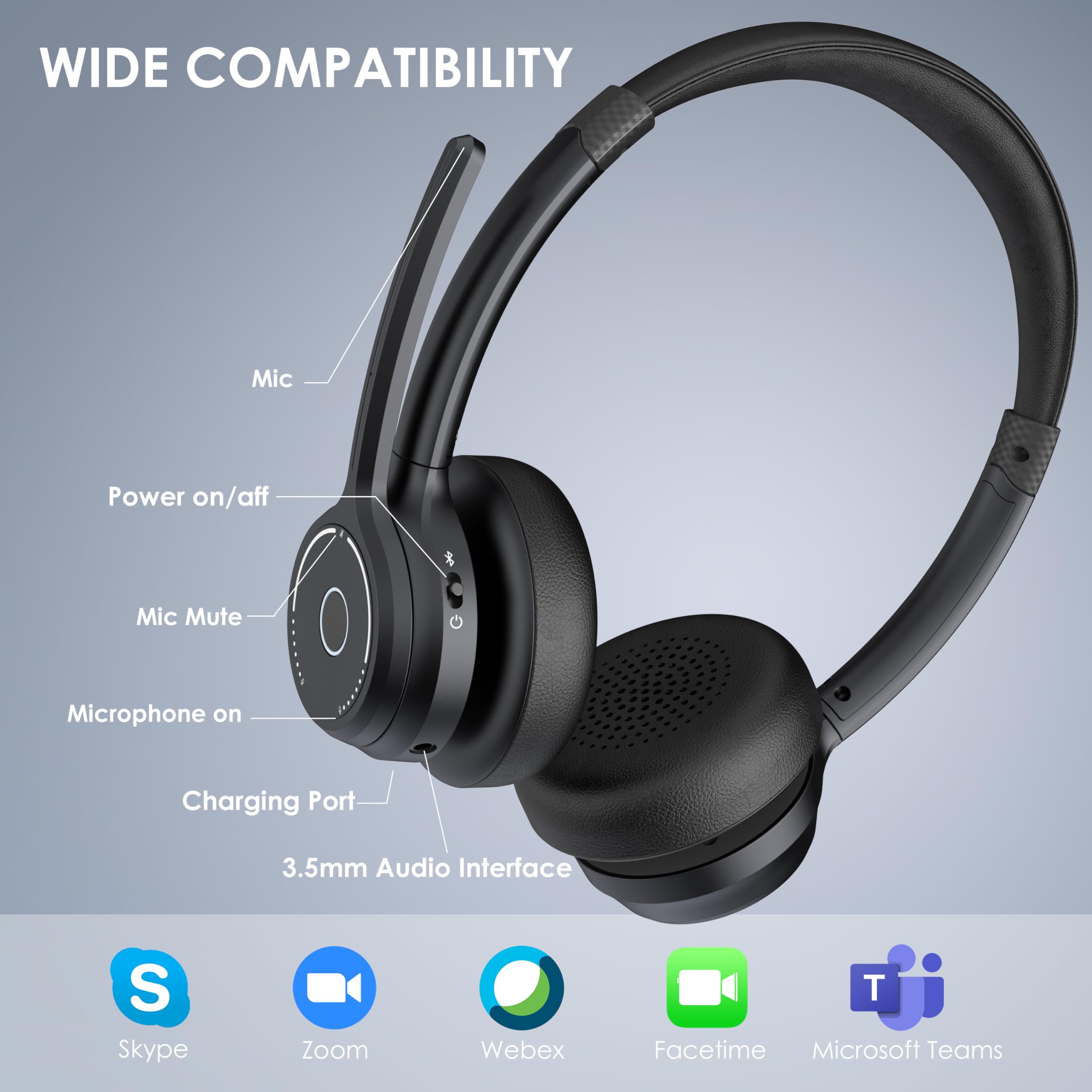 Gixxted Bluetooth Headset, Wireless Headset with Noise Cancelling Microphone for Work, On Ear Headphones with USB Dongle and Mute Mic for Computer, Office Headset for Work, Call Center