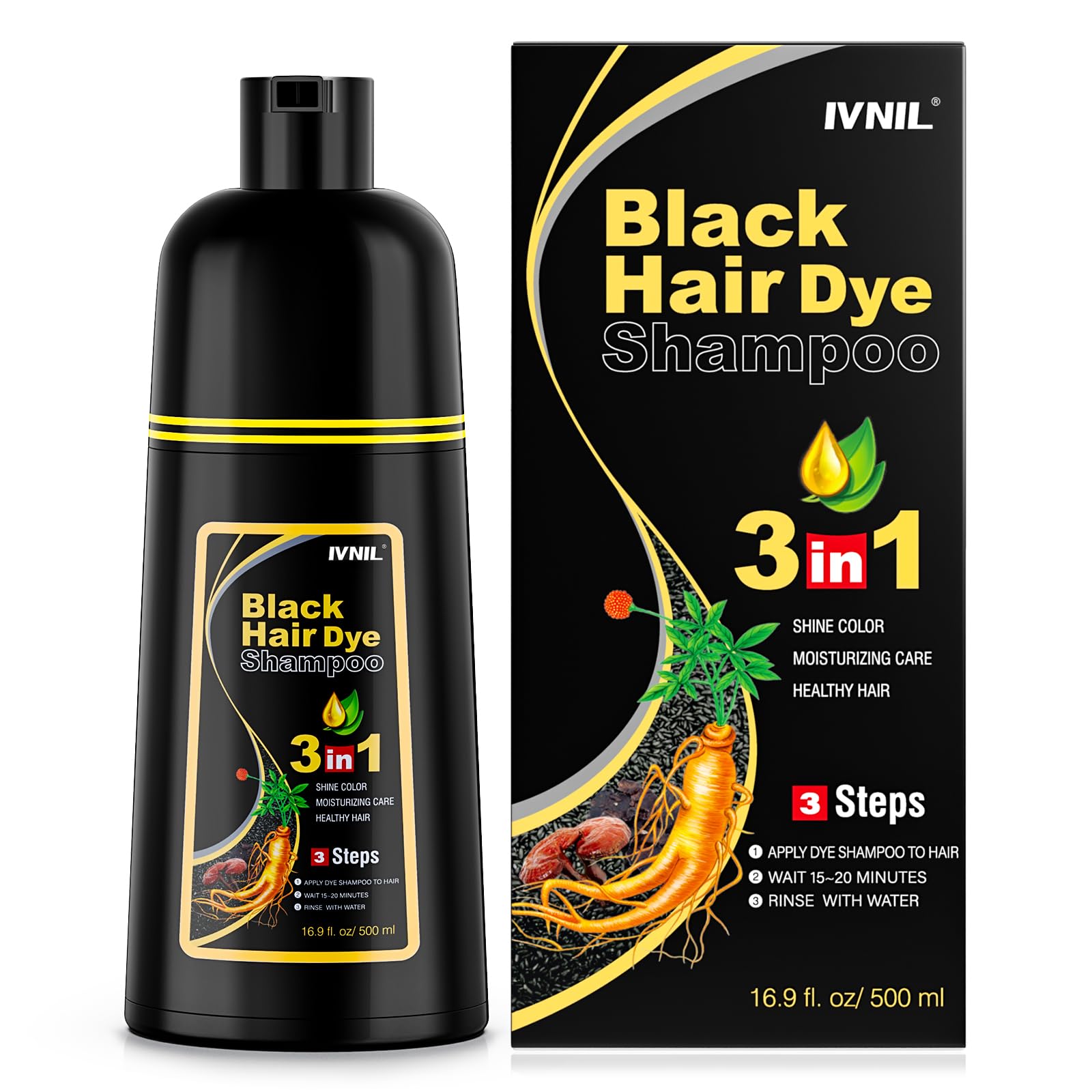 Ivnil Black Hair Dye Shampoo 3 in 1 Semi Permanent Hair Color Shampoo for Women & Men for Gray Hair Coverage, shampoo para pintar el cabello