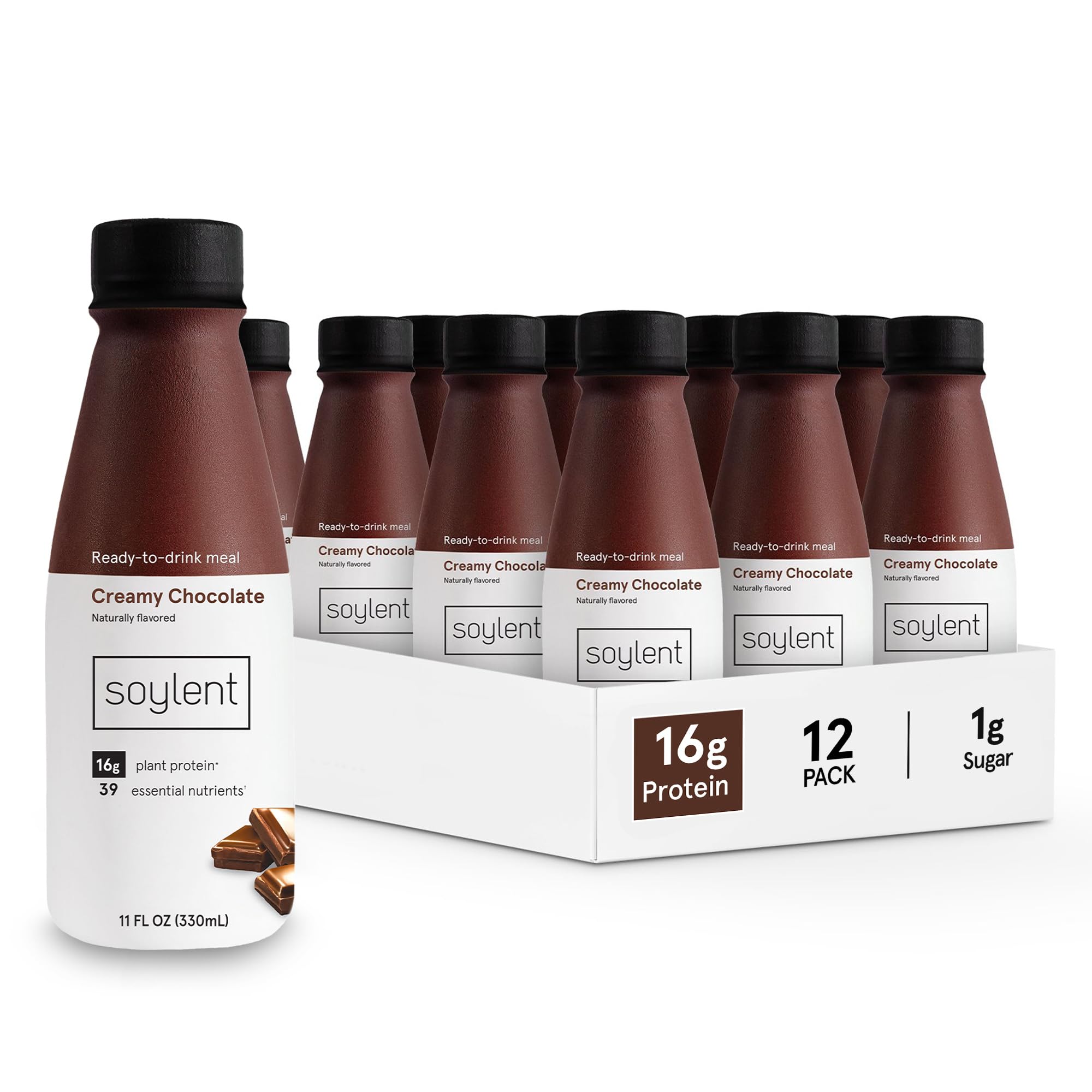 Soylent Chocolate Meal Replacement Shake, Contains 16g Complete Vegan Protein, Ready-to-Drink, 11oz, 12 Pack