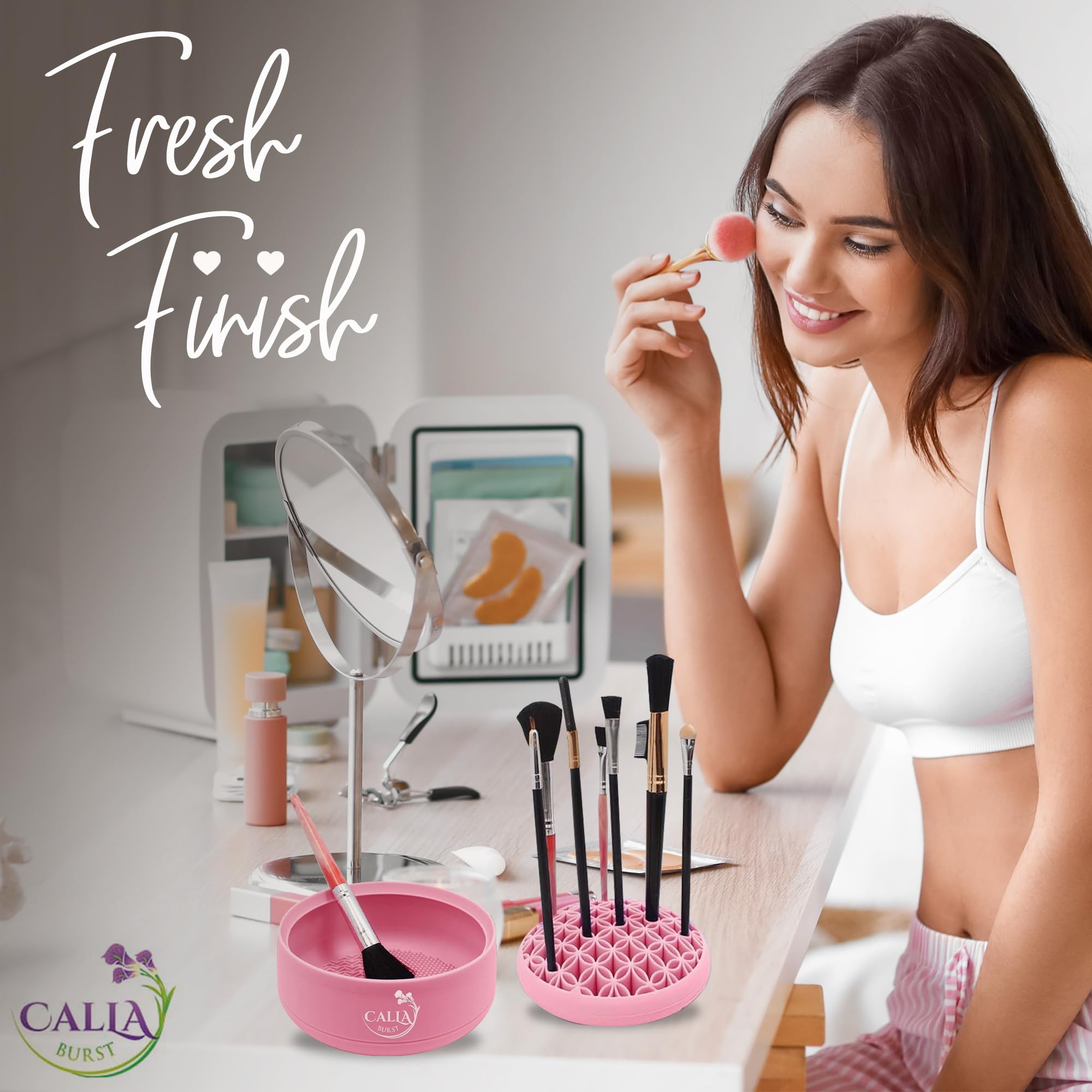 CallaBurst 3 in 1 Silicone Makeup Brush Cleaner - Make up Brush Cleaner Mat with Makeup Brush Drying Rack & Brush Organizer, Silicone Washing Tool Cleaning Bowl for Beauty Cosmetic Brushes (Pink)