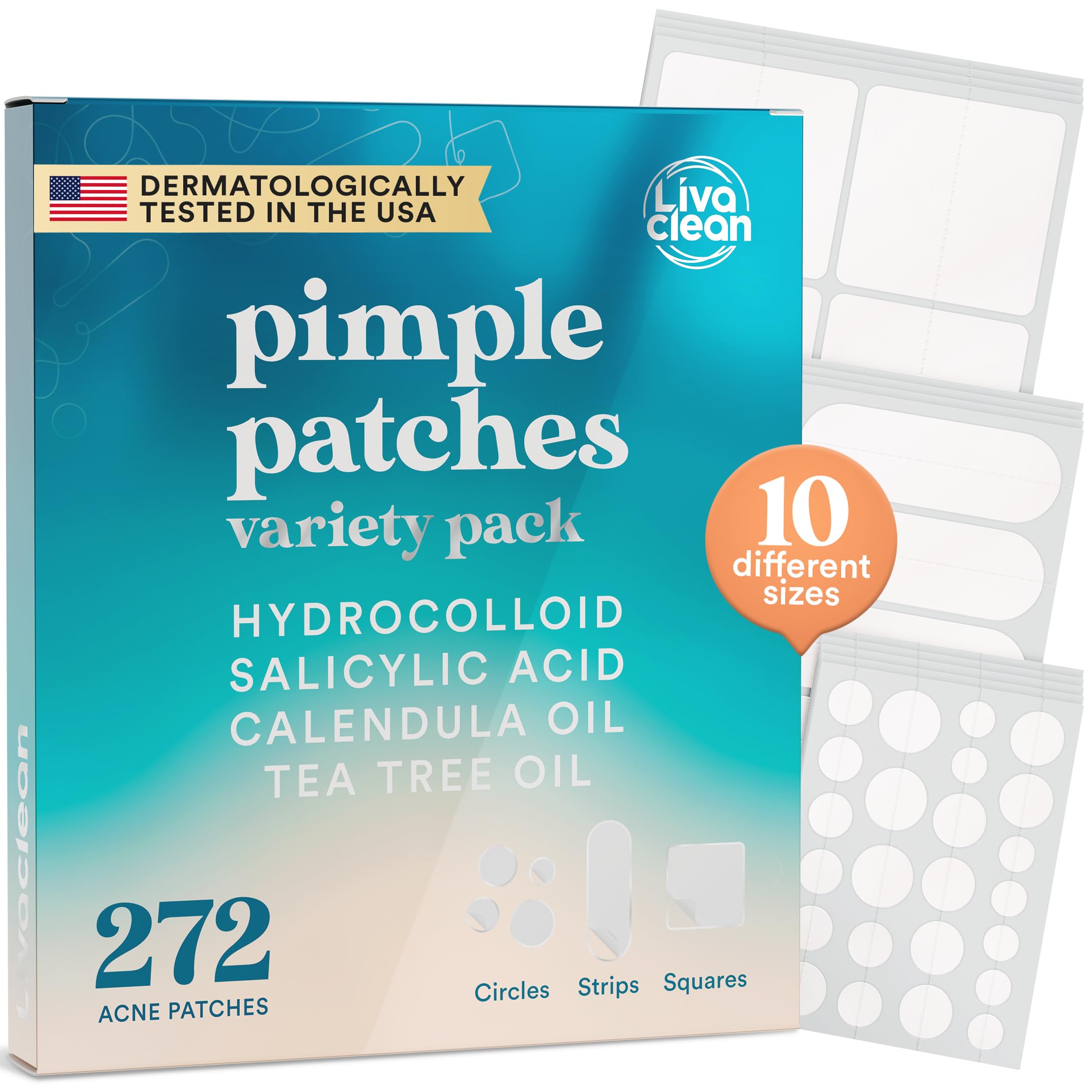 LivaClean 272 CT Pimple Patches Variety Pack w/ Tea Tree Oil, Salicylic Acid & Calendula Oil - Pimple Patches Large, Large Pimple Patches for Face Acne Patches Large, Hydrocolloid Patches