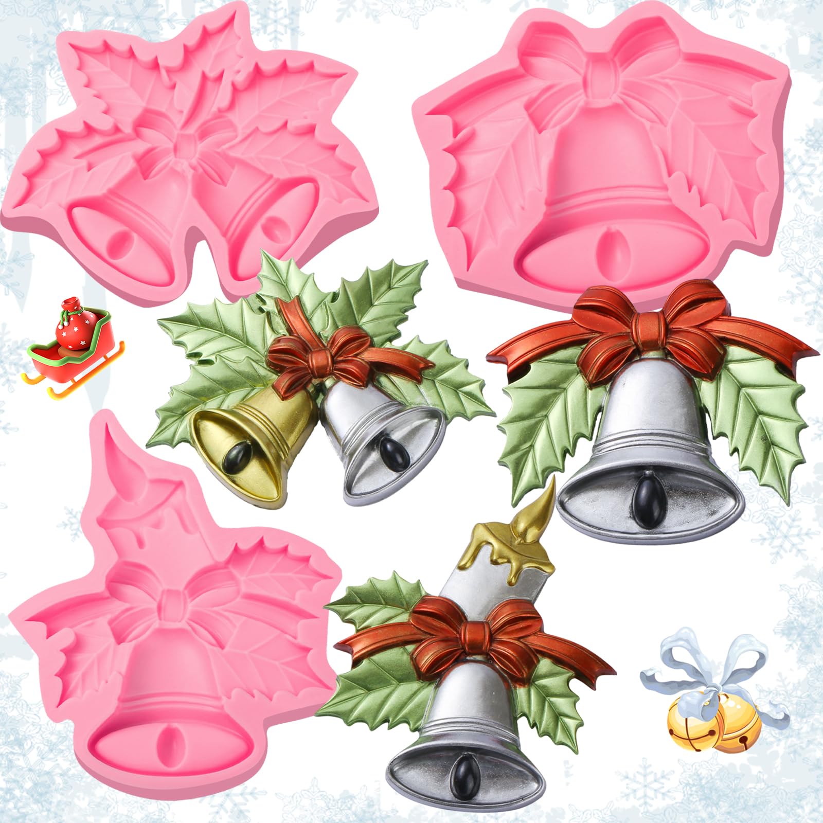 Luxurious Large Christmas Bell Fondant Molds 3 Pcs, Holly Leaves Embellished Cake Decoration Silicone Mold, Rendering Festive Atmosphere to Make Delicious Desserts Candy Mousse Chocolate, Clay Resin