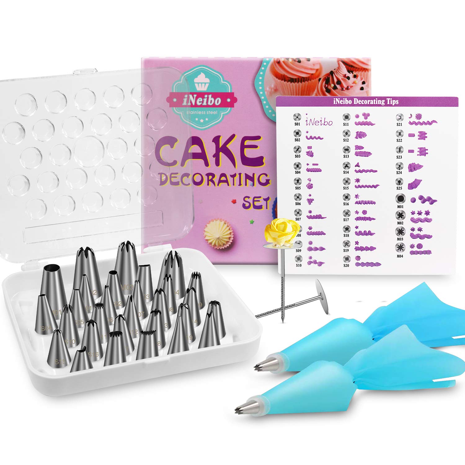 iNeibo Piping Bags and Tips Set Cake Decorating Tips Kits 39 Pcs Stainless Steel Baking Tools Piping Tips Set with Pattern Chart, Numbered Icing Tips, Reusable Pastry Bags