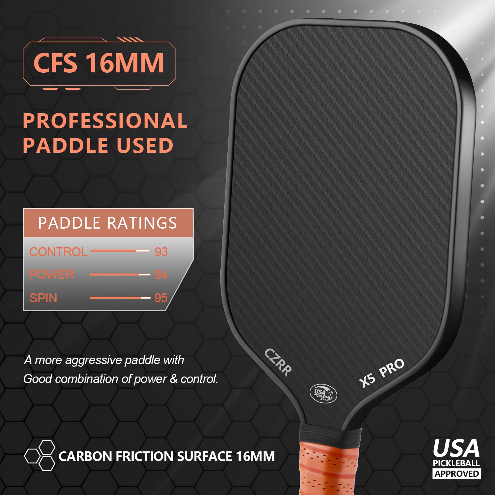 Pickleball Paddle, USA Pickleball Approved, 3K Raw Carbon Fiber Surface (CFS) High Grit & Spin, with 16MM Polypropylene Honeycomb Core, Ideal for Novice and Professional Players