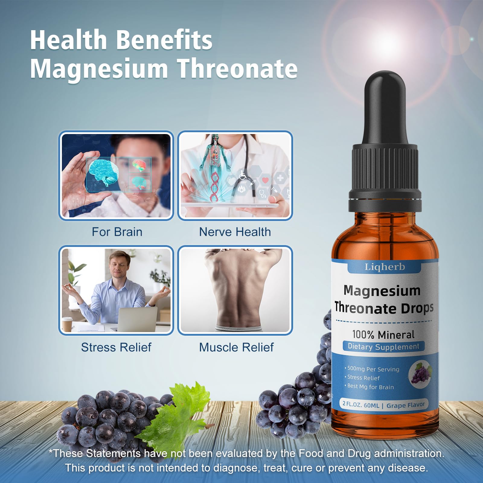 Magnesium Threonate Liquid 500mg, for Adults &Kids, Vegetable Glycerin Base with Better Dissolve, Best Mg for Brain Health, Stress & Muscle Relief, Nerve Health, Non-GMO, Gluten-Free, Vegan, 2 FL.OZ.