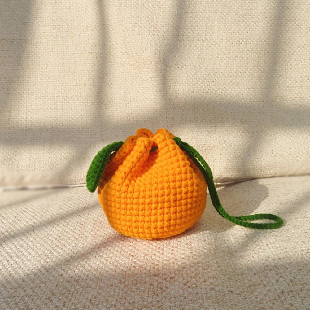 Cute Tangerine Shaped Small Storage Bag, Crochet Drawstring Bags, Mini Handwoven Cotton Handbag, Coin Purse Pouch, Orange Knitting Change Wallet, Earbuds Protective Case, Handmade Gift for Women Girls