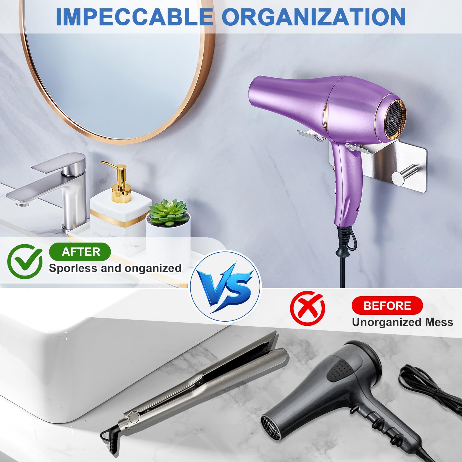 Hair Dryer Holder Wall Mounted, Blow Dryer Holder Adhesive, Stainless Steel Hairdryer Holder for Bathroom, Hair Tool Organizer with Plug&Cord for Cabinet Bathroom Bedroom Barber Shops