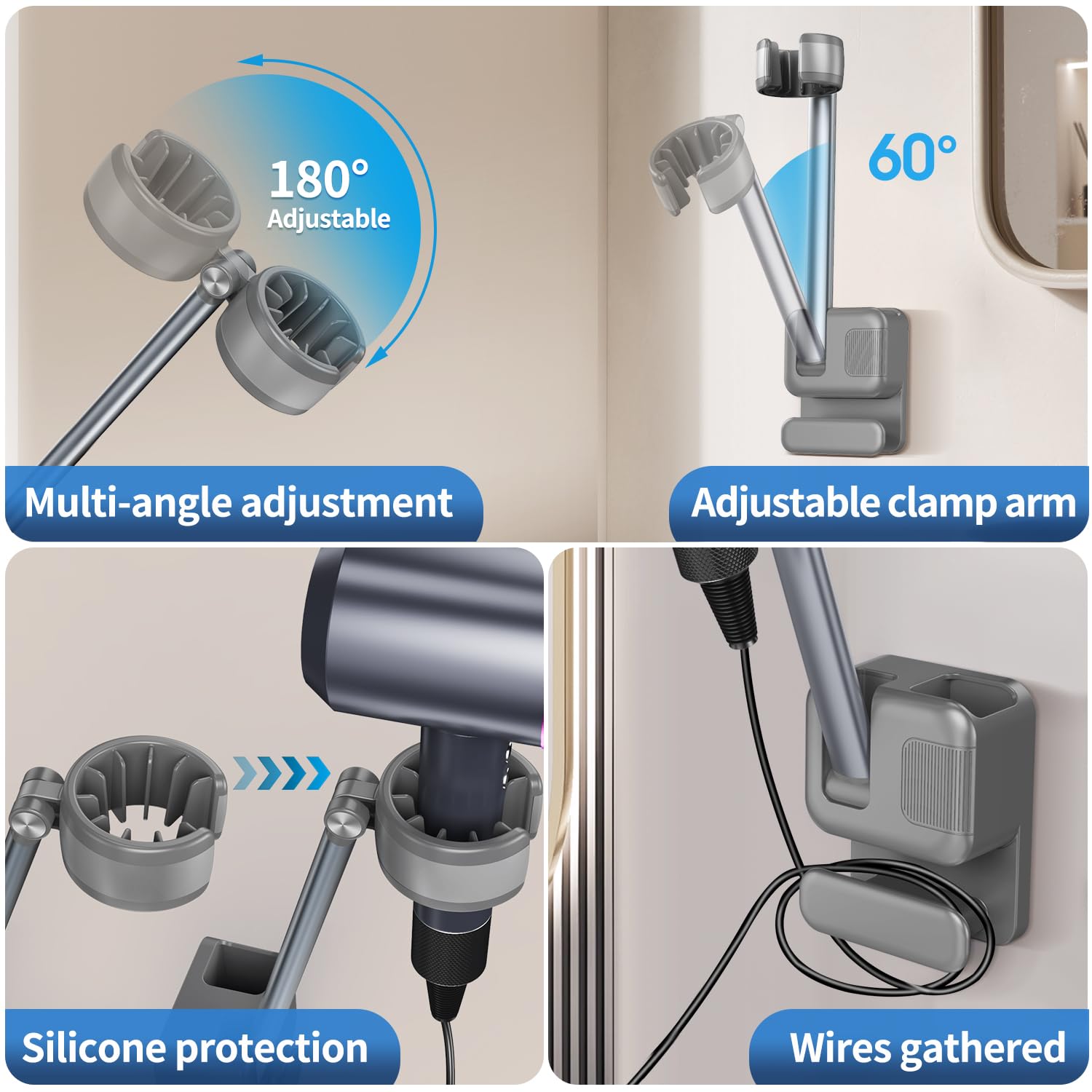 Hands Free Hair Dryer Holder Wall Mount, Adjustable Bathroom Blower Dryer Holder Wall Mounted Hook Rack, Vanity Cabinet Door Hanger Storage, Suitable for Most Walls, Hair Dryers, with Cord Organizer