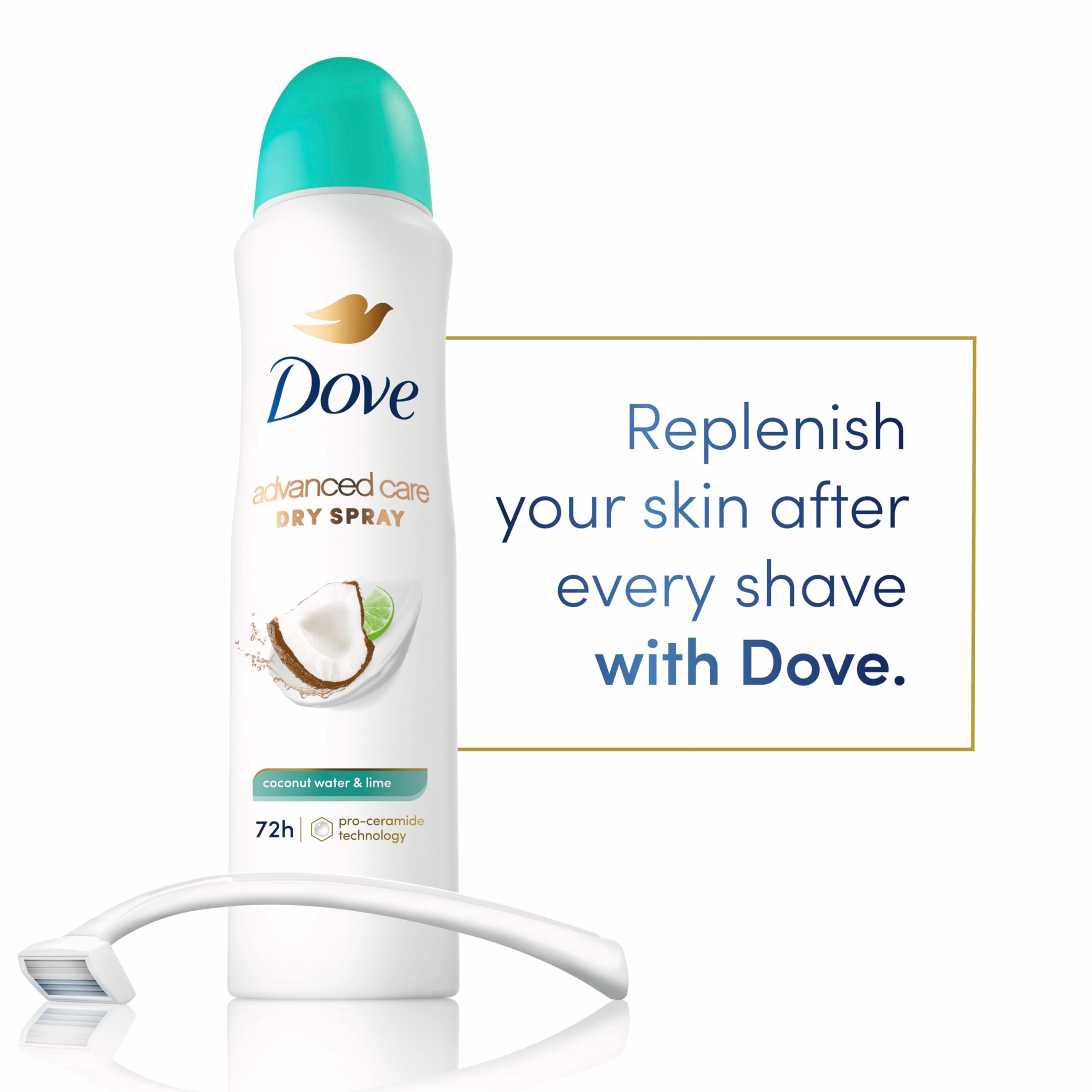 Dove Antiperspirant Deodorant Dry Spray Coconut Water & Lime scent 3ct skin repair after shaving with odor control & sweat protection Pro Ceramide Technology to boost ceramide levels in skin 3.8 oz