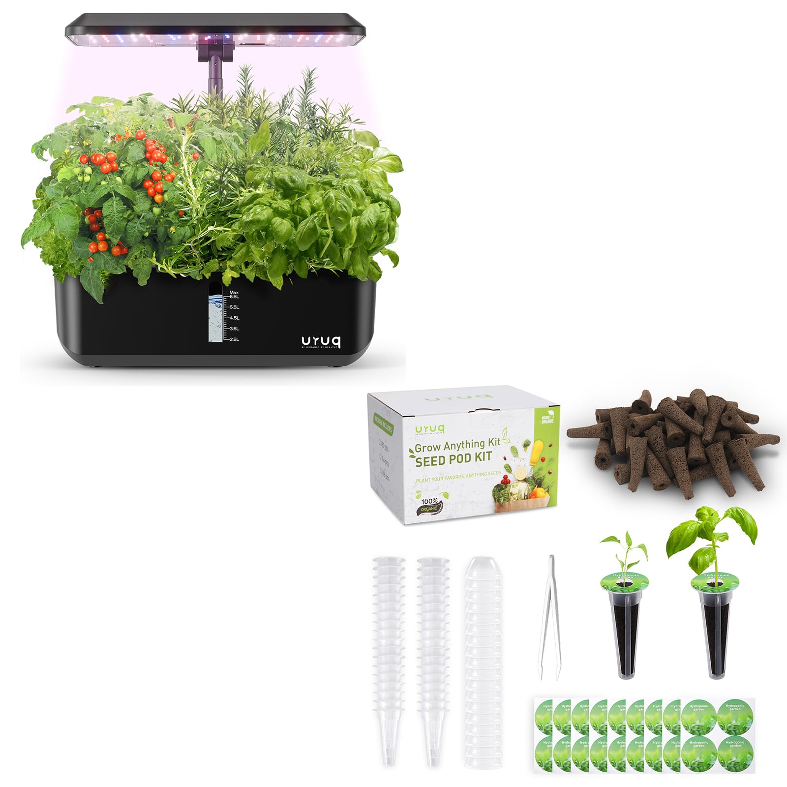 URUQ 12 Pods Hydroponics Growing System Indoor Garden Black & 140Pcs Hydroponic Pods Supplies