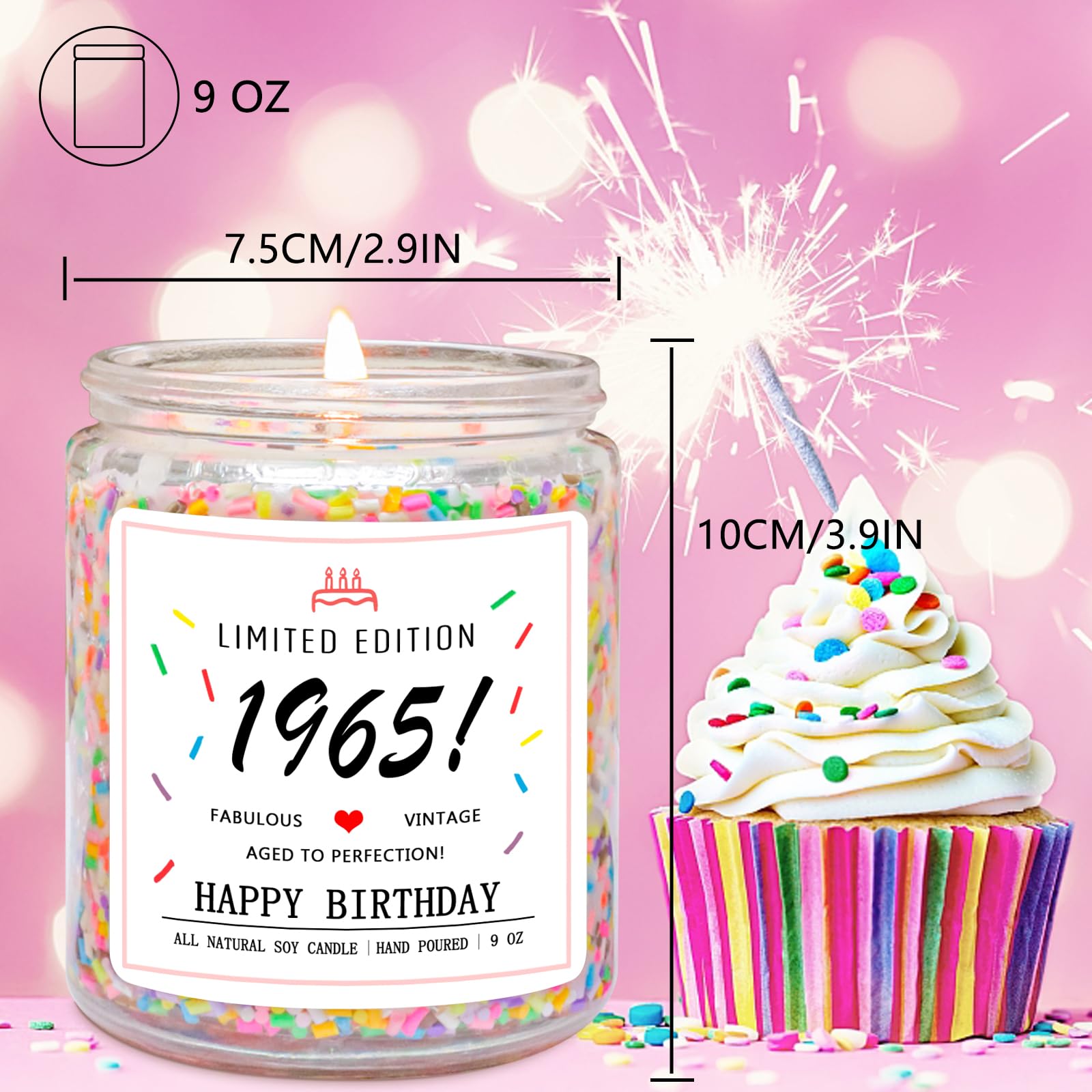 Homsolver 60th Birthday Gifts for Women Ideas, Happy 1965 60th Birthday Candle Gifts-Limited Edition 1965 Handmade Candles (Vanilla Birthday Cake Scent with Sprinkles)