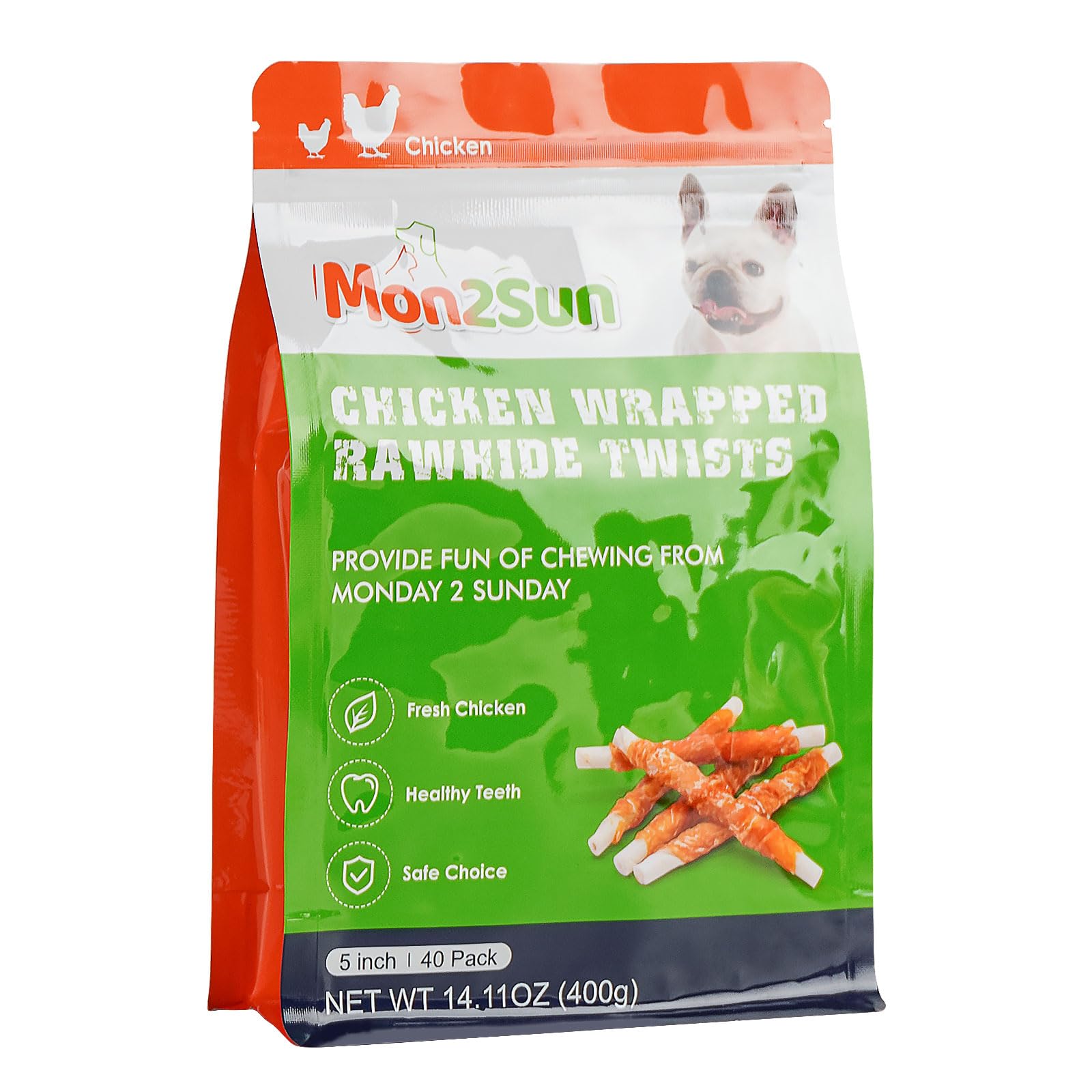 MON2SUN Dog Treats, Rawhide Twist Chicken Hide Sticks, Suitable for Puppy and Small Dogs, 5 Inch (Chicken, Pack of 40)