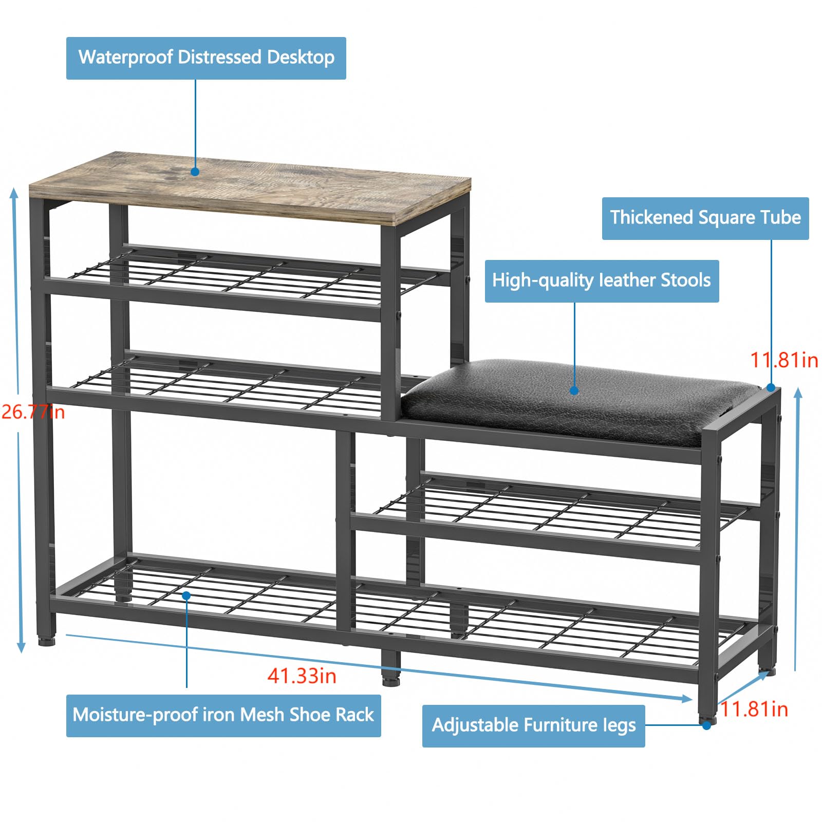 X-cosrack Stylish 5-Tier Shoe Rack Bench with Seat - Entryway Storage Organizer in Industrial Design Brown Black