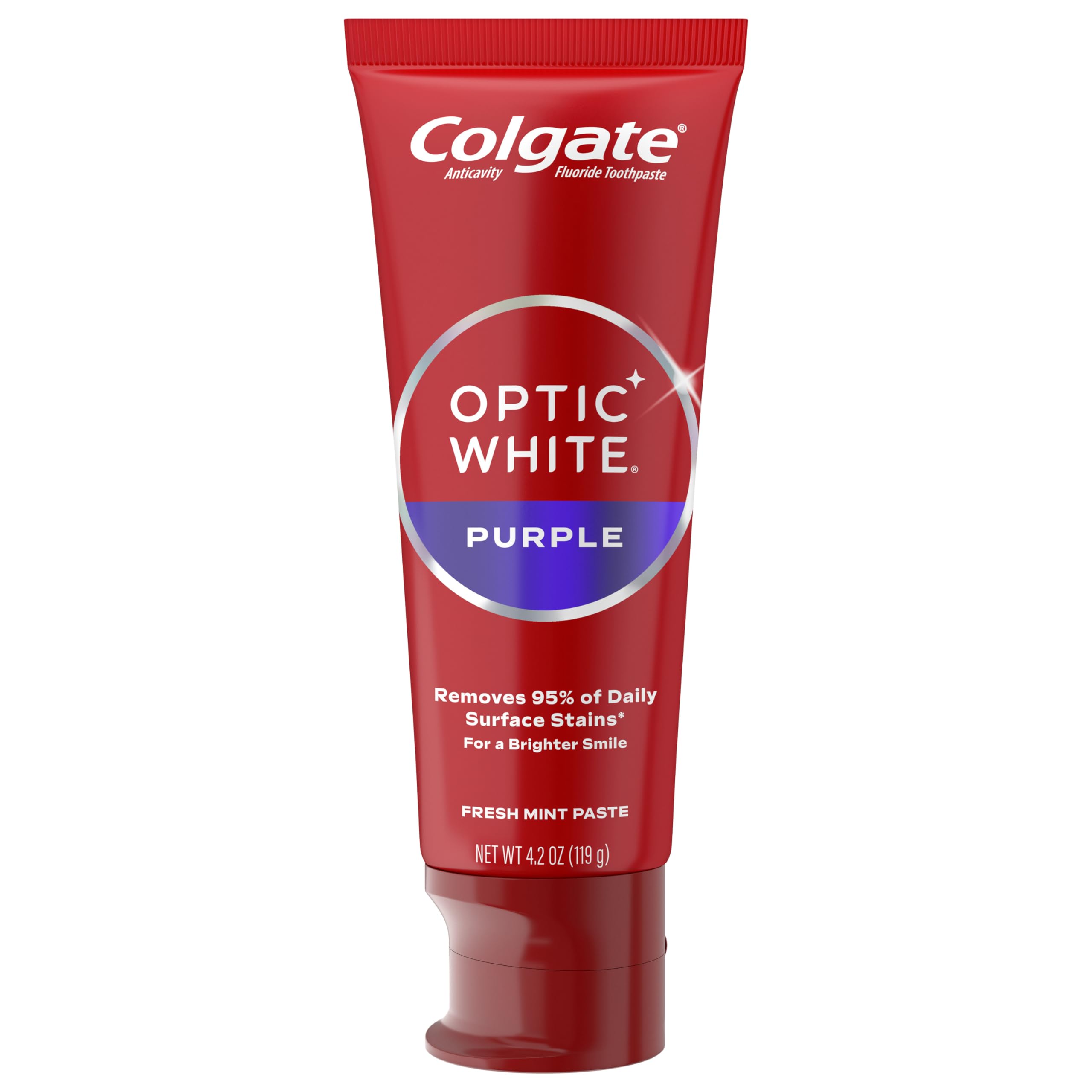 Colgate Optic White Purple Toothpaste for Teeth Whitening, Teeth Whitening Toothpaste with Fluoride, Helps Remove Surface Stains and Polishes Teeth, Enamel-Safe for Daily Use, Mint, 3 Pack, 4.2 oz