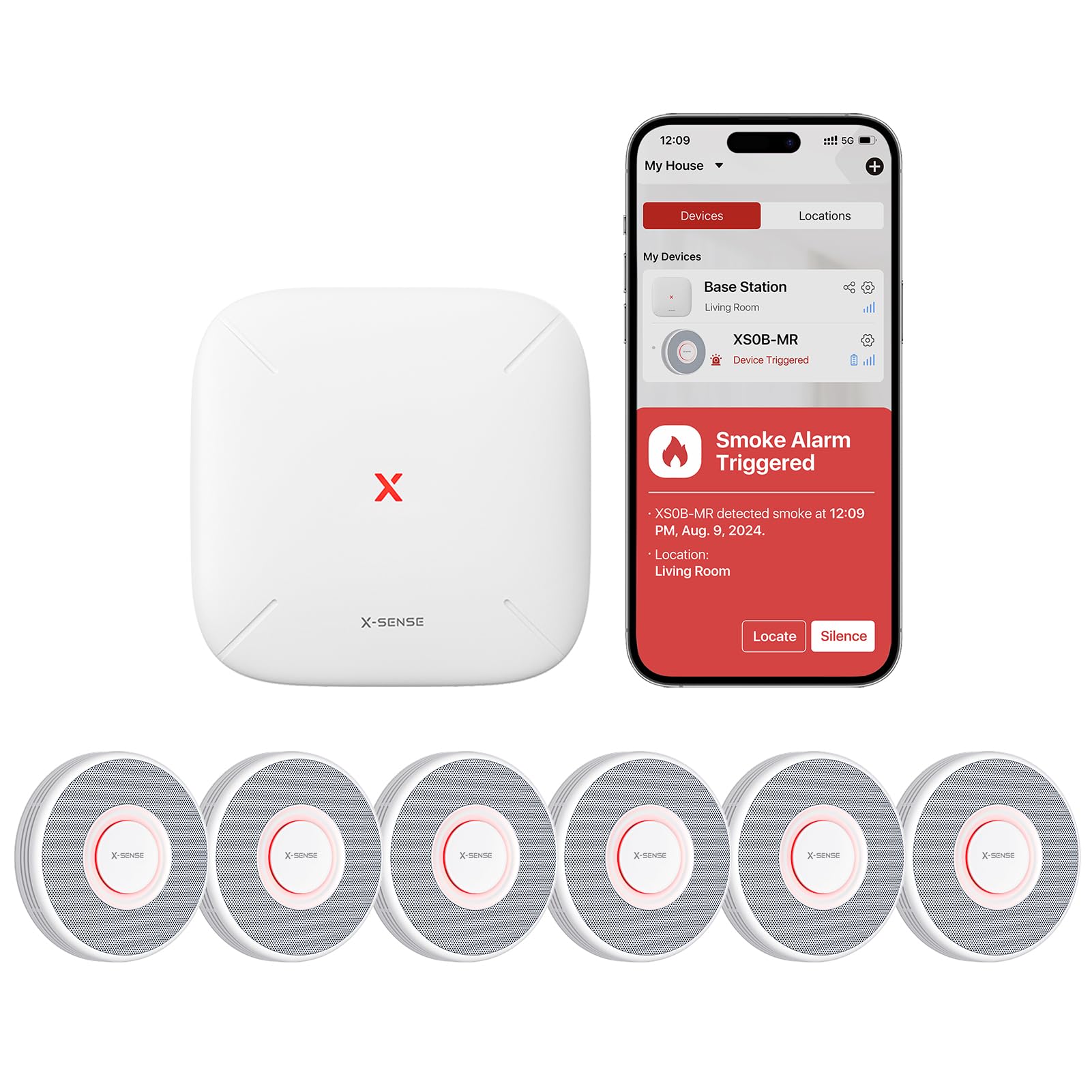 X-Sense Smart Smoke Detector with Voice Alerts and 17 Locations, Wi-Fi Smoke Alarm with SBS50 Base Station, Test from APP, Wireless Interconnected Fire Alarm, Model XS0B-MR61