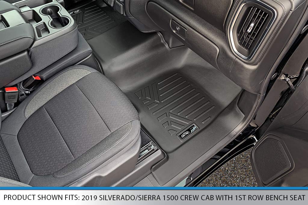 SMARTLINER Floor Mats 2 Row Liner Set Black Compatible with 2019-2022 Silverado/Sierra 1500 2020-2022 2500/3500 Crew Cab with 1st Row Bench Seat