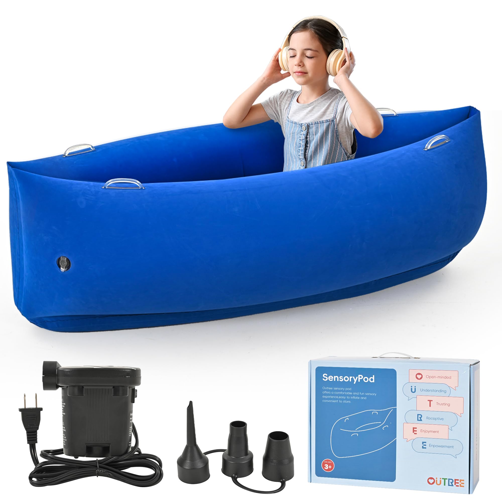 OUTREE Upgraded Sensory Chair for Kids — 60" Sensory Pod Inflatable Peapod for Children, Includes Electric Air Pump,Sensory Toys Giftfor Kids with Autism,Blue