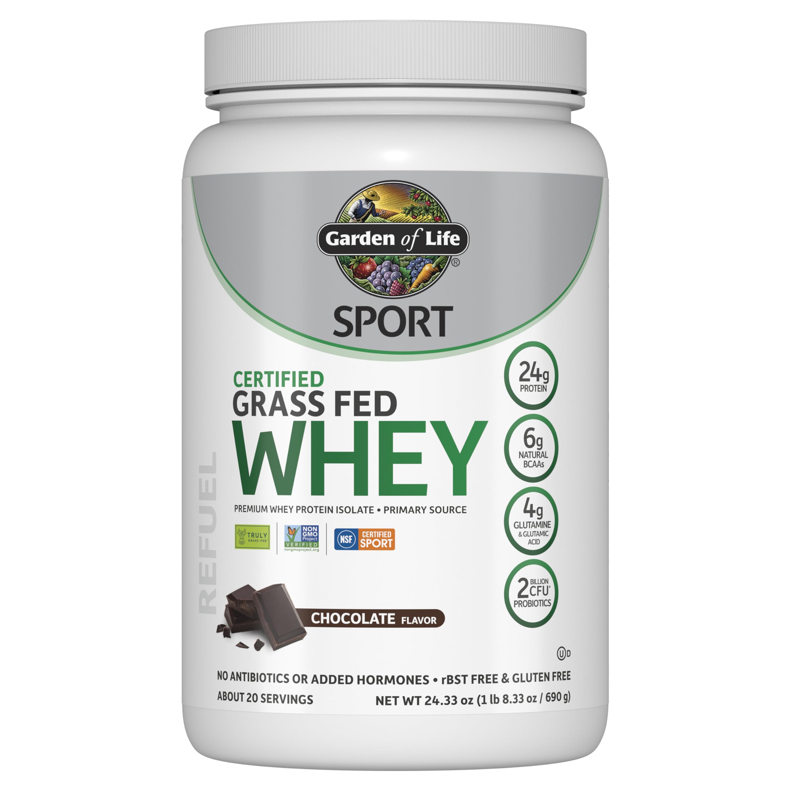 Garden of Life Sport Whey Protein Powder Chocolate, Premium Grass Fed Whey Protein Isolate Plus Probiotics for Immune System Health, 24g Protein, Non GMO, Gluten Free, Cold Processed - 20 Servings