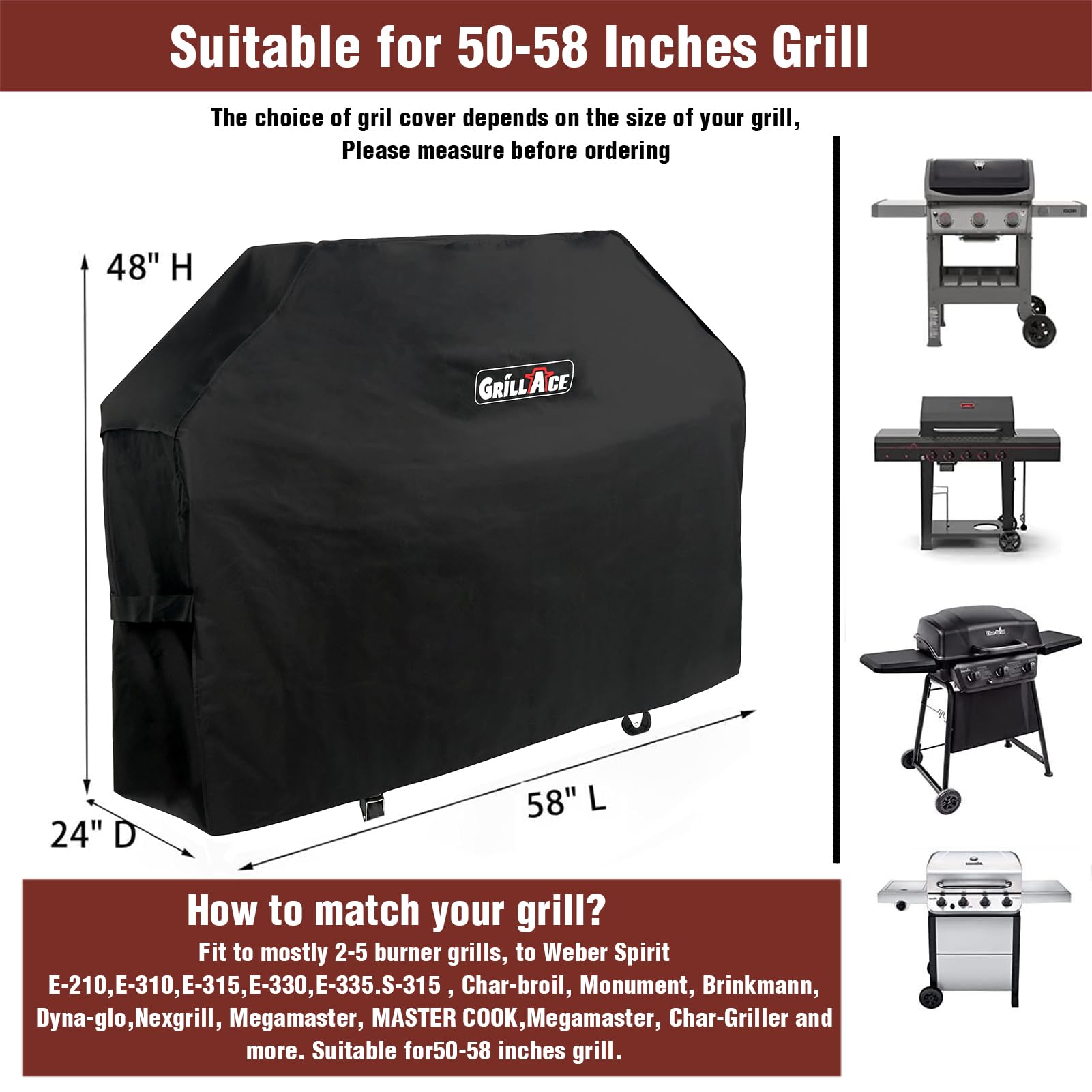 58 Inch Grill Cover Heavy Duty, Fade Resistant 600D Oxford Fabric Waterproof BBQ Gas Grill Cover for Weber Spirit II E-310, Char-Broil, Nexgrill & More, UV Protection with Hook-and-Loop Straps, Black