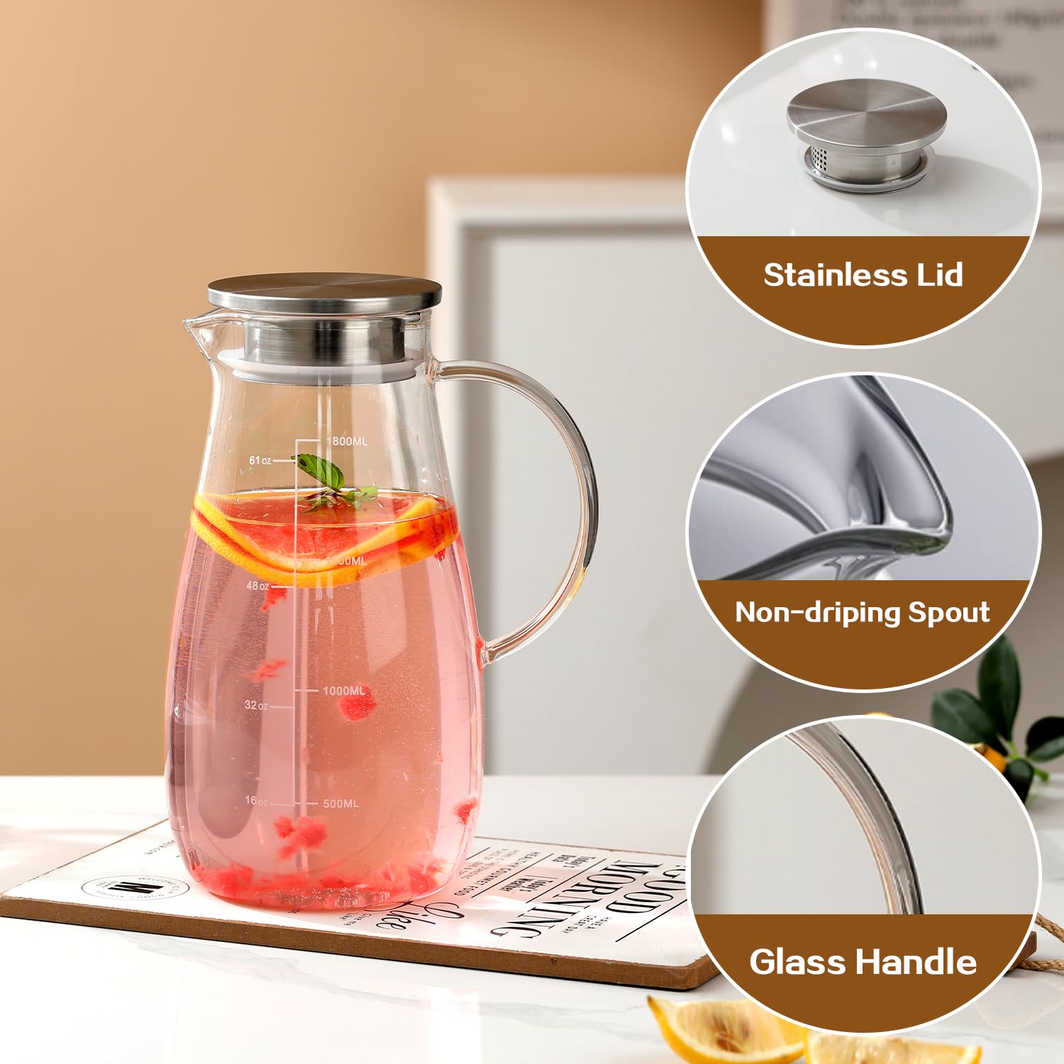 Wlasss Glass Pitcher, 68 oz 2 Liter Glass Pitcher with Lid and Precise Scale Line, Water Pitcher with Handle and Lid, for Hot/Cold Beverages, Coffee, Juice, Lemonade, and Milk