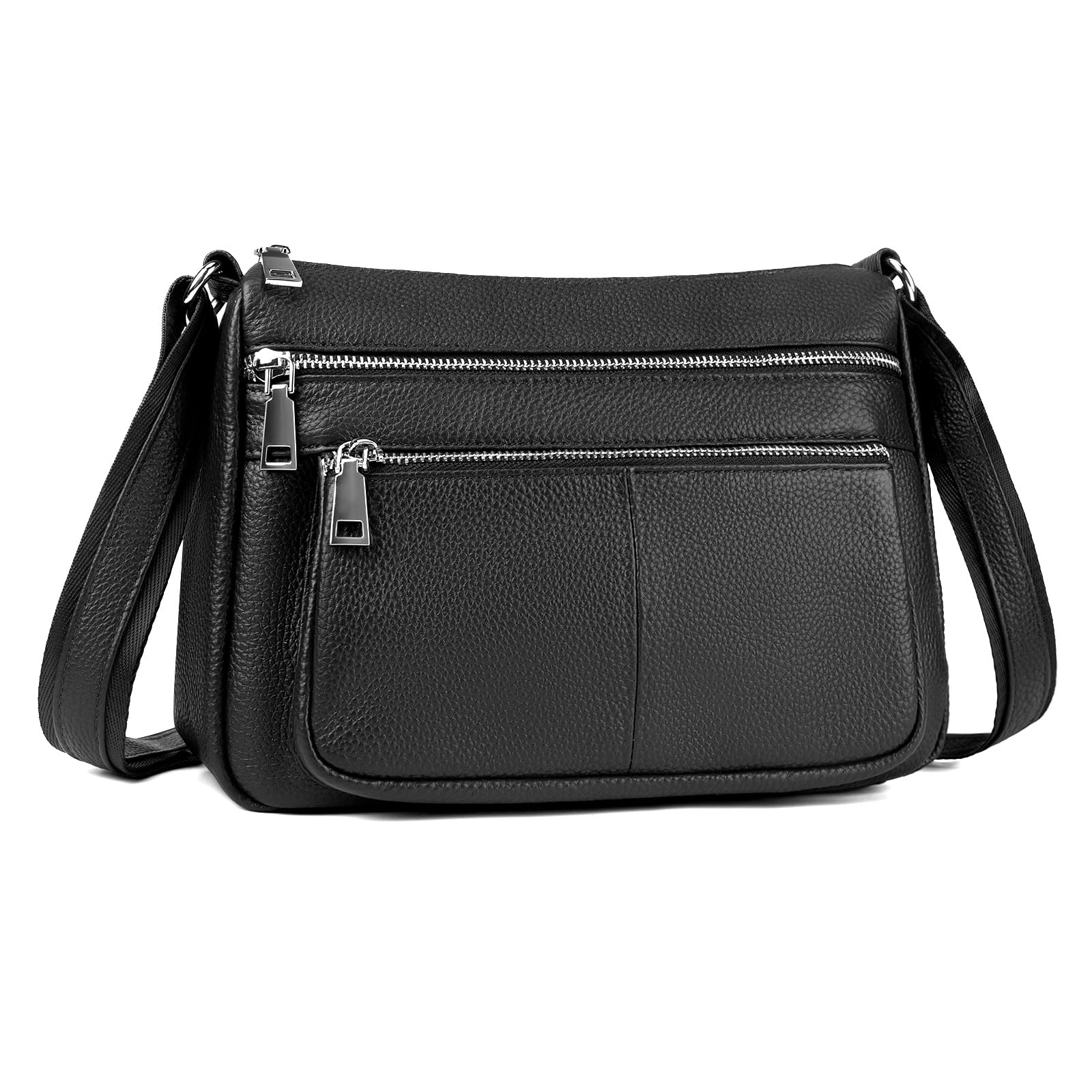 befen Black Genuine Leather Crossbody Bags for Women, Woman Medium Cross Body Shoulder Purses Handbags with Multi Zipper Pockets