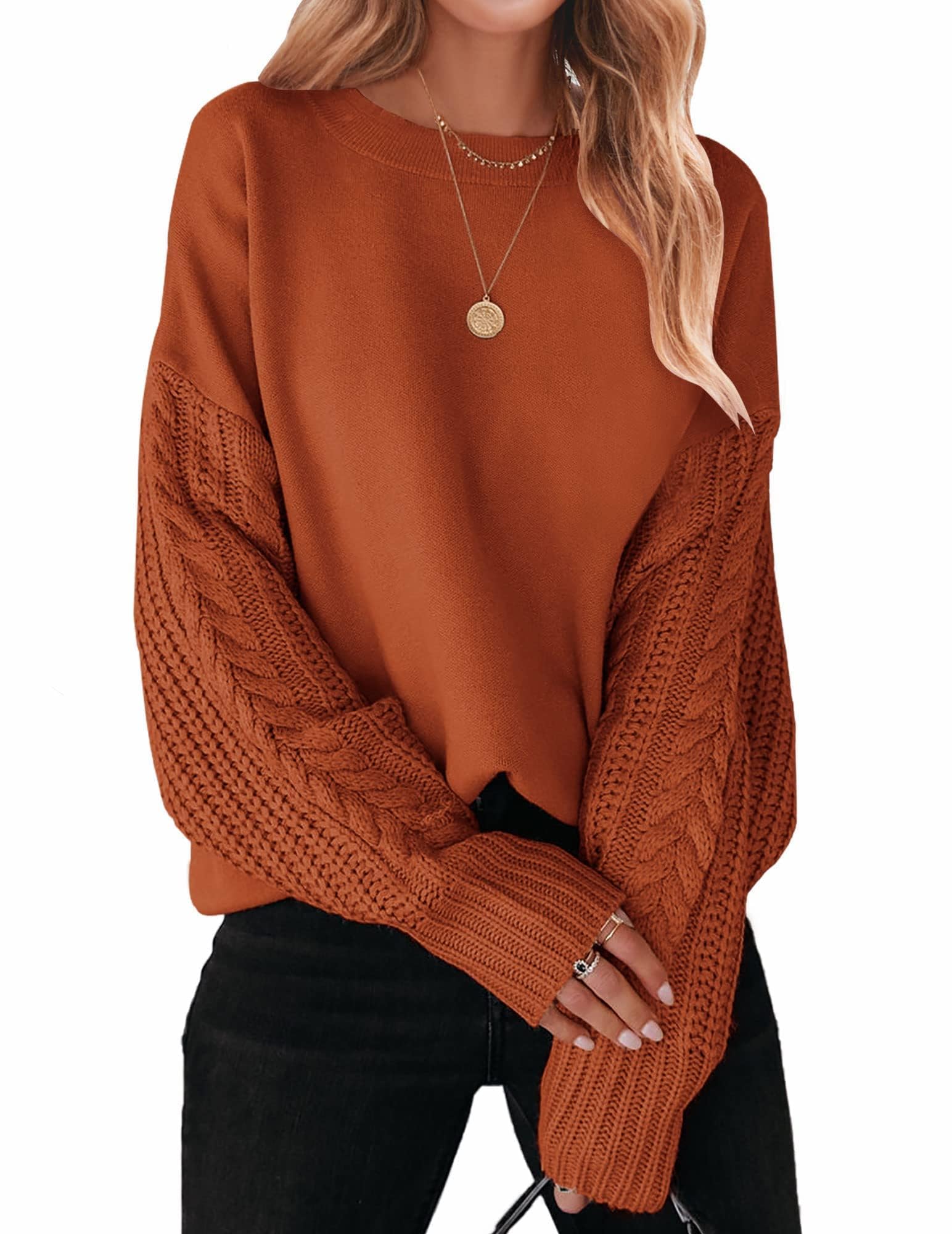 ZESICA Women's 2024 Fall Long Sleeve Crew Neck Solid Color Cable Knit Chunky Casual Oversized Pullover Sweater Tops,DeepOrange,Small